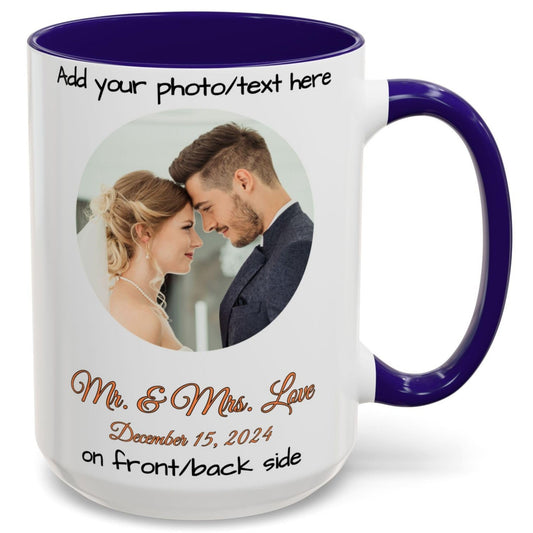 Custom Mug White/Blue 15oz, Personalized Gift with Photo, Text or Logo, Cirle Design