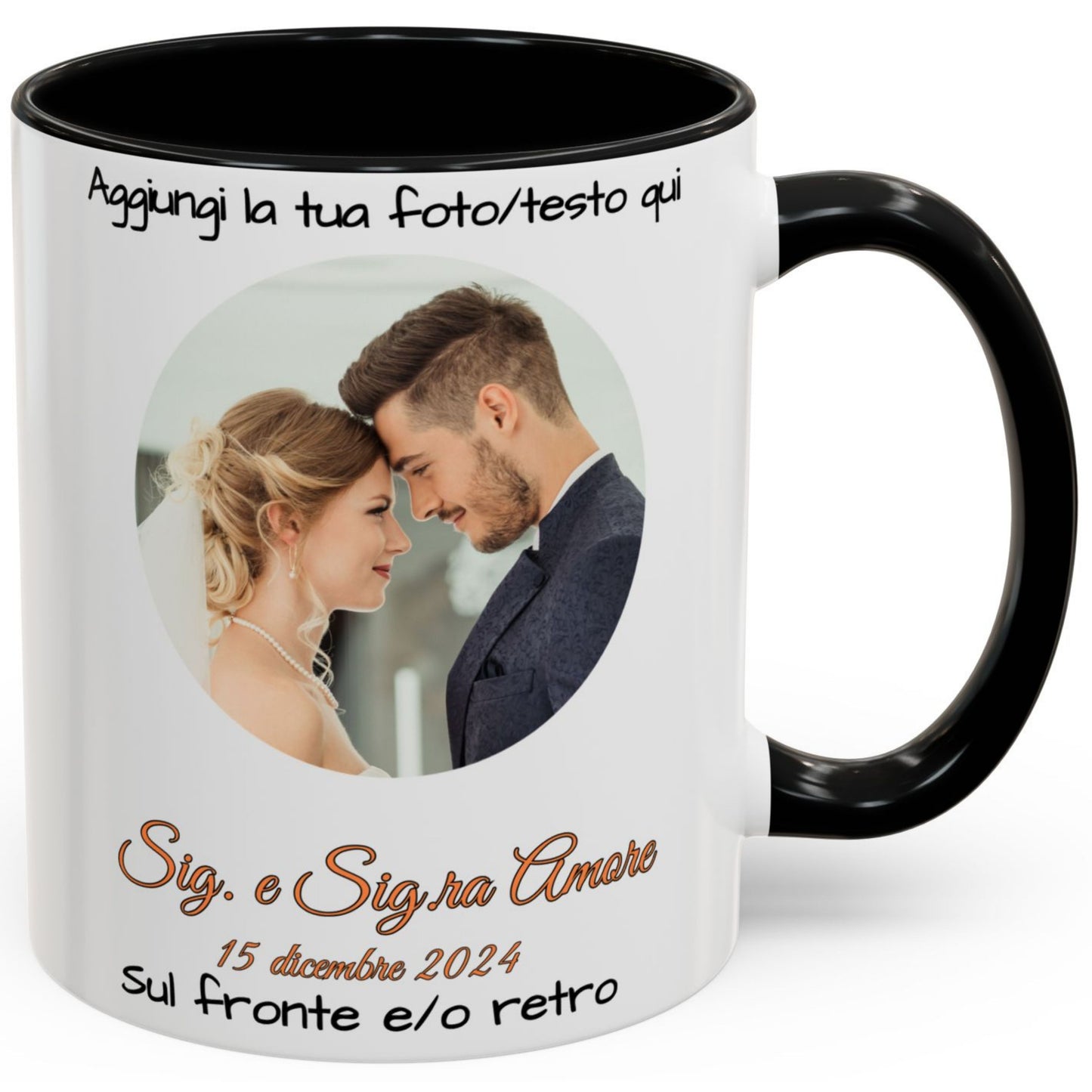 Mug personnalisé, 325 ml Blanc/noir Design circulaire Tasse à café en céramique, Cadeau personnalisé avec photo, texte ou logo