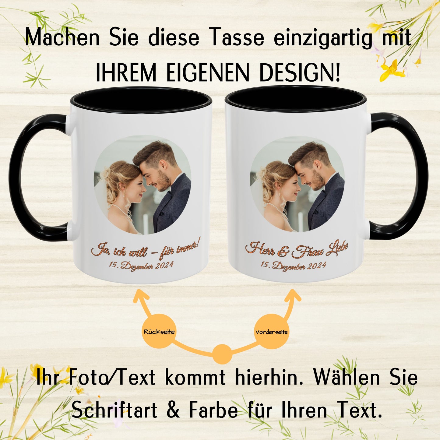Individuelle Tasse, 325ml Keramik-Kaffeetasse mit weißem/schwarzem Kreisdesign, personalisiertes Geschenk mit Foto, Text oder Logo