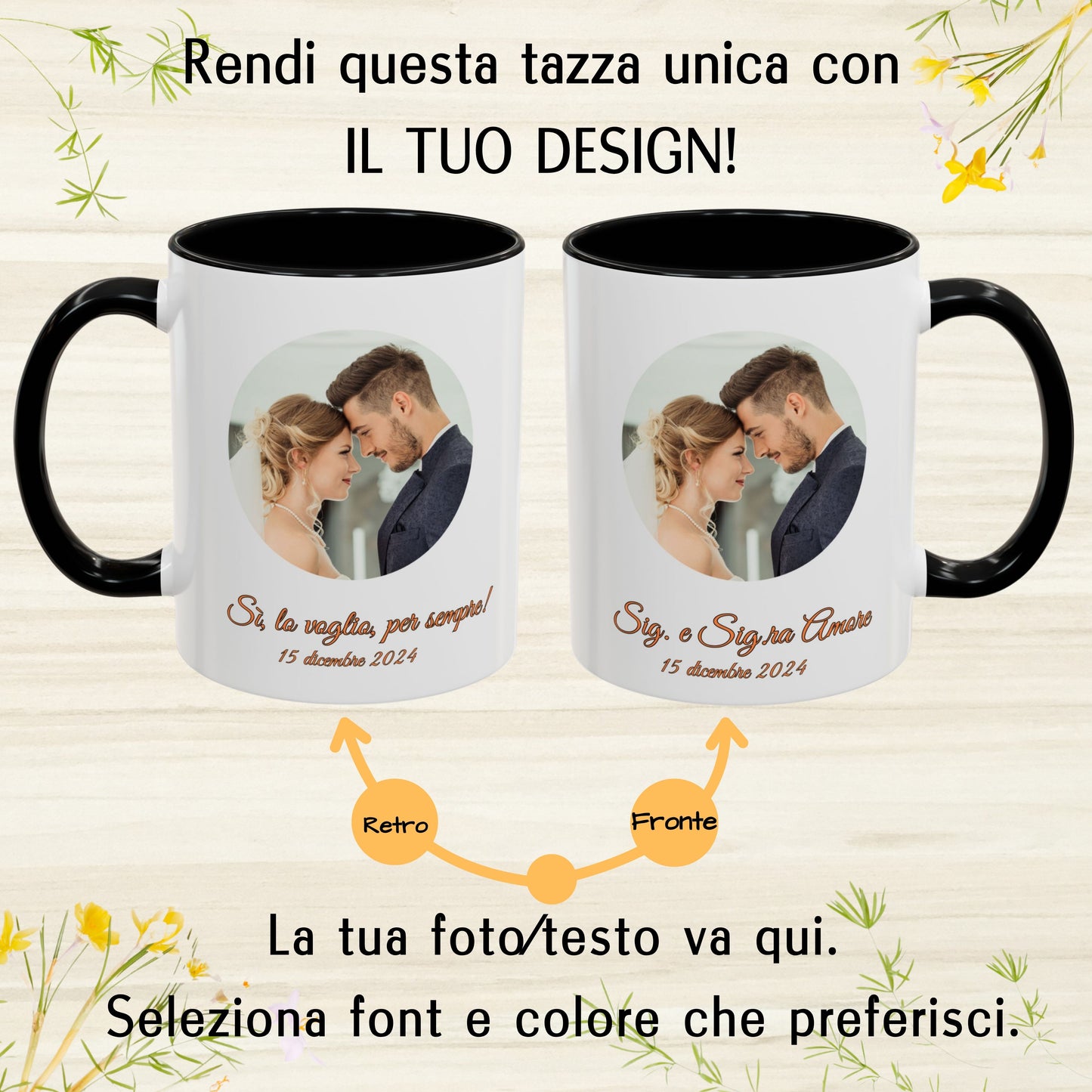 Mug personnalisé, 325 ml Blanc/noir Design circulaire Tasse à café en céramique, Cadeau personnalisé avec photo, texte ou logo