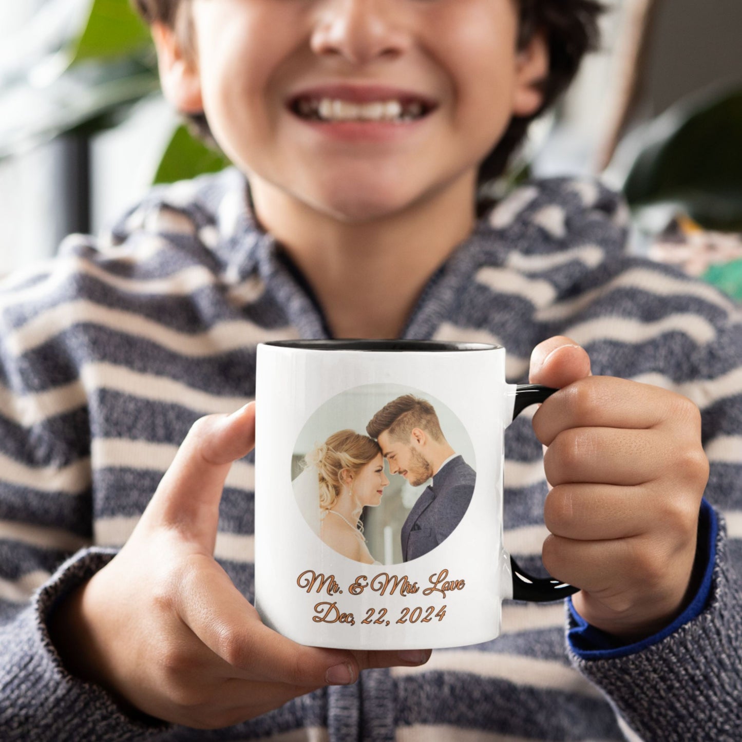 Mug personnalisé, 325 ml Blanc/noir Design circulaire Tasse à café en céramique, Cadeau personnalisé avec photo, texte ou logo