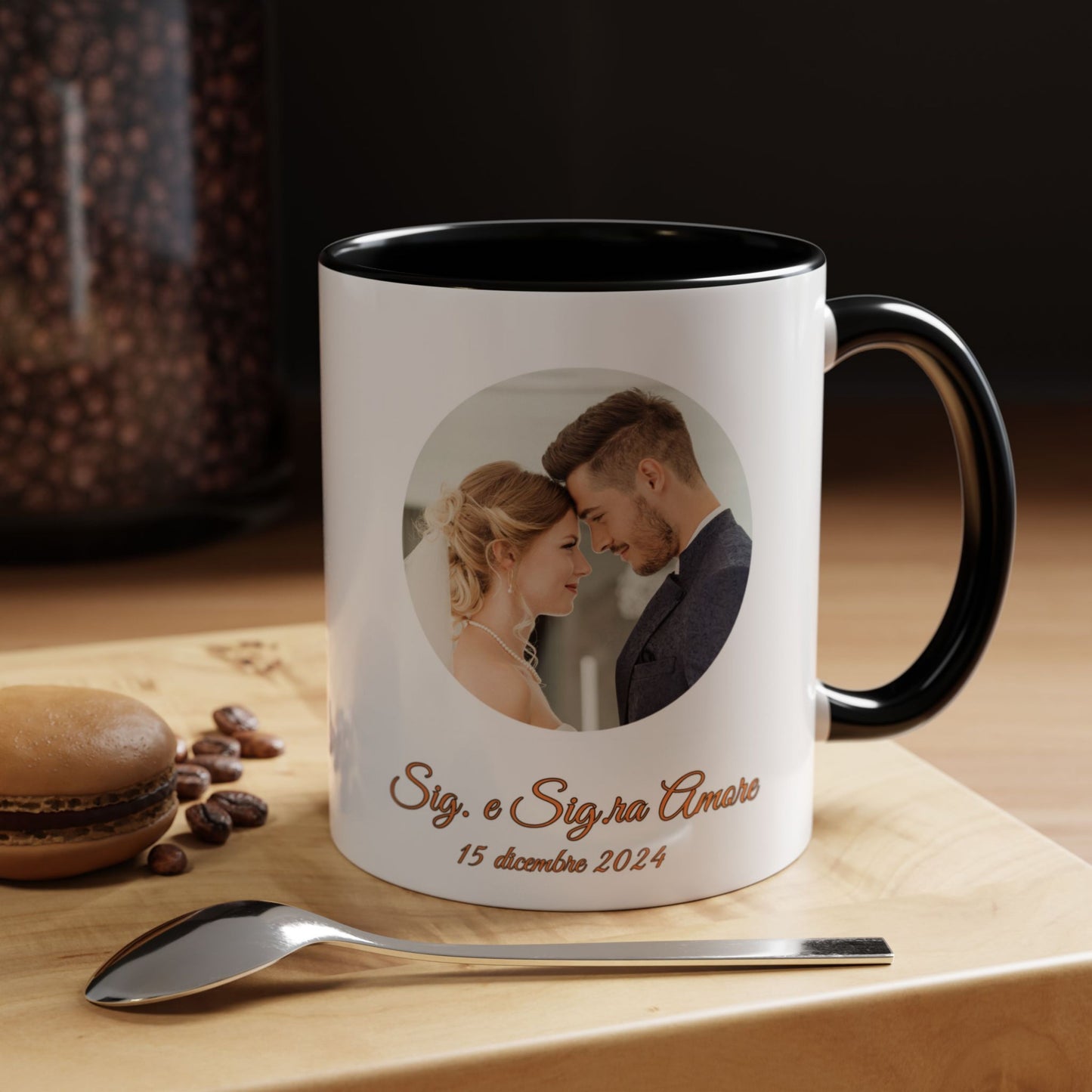 Mug personnalisé, 325 ml Blanc/noir Design circulaire Tasse à café en céramique, Cadeau personnalisé avec photo, texte ou logo