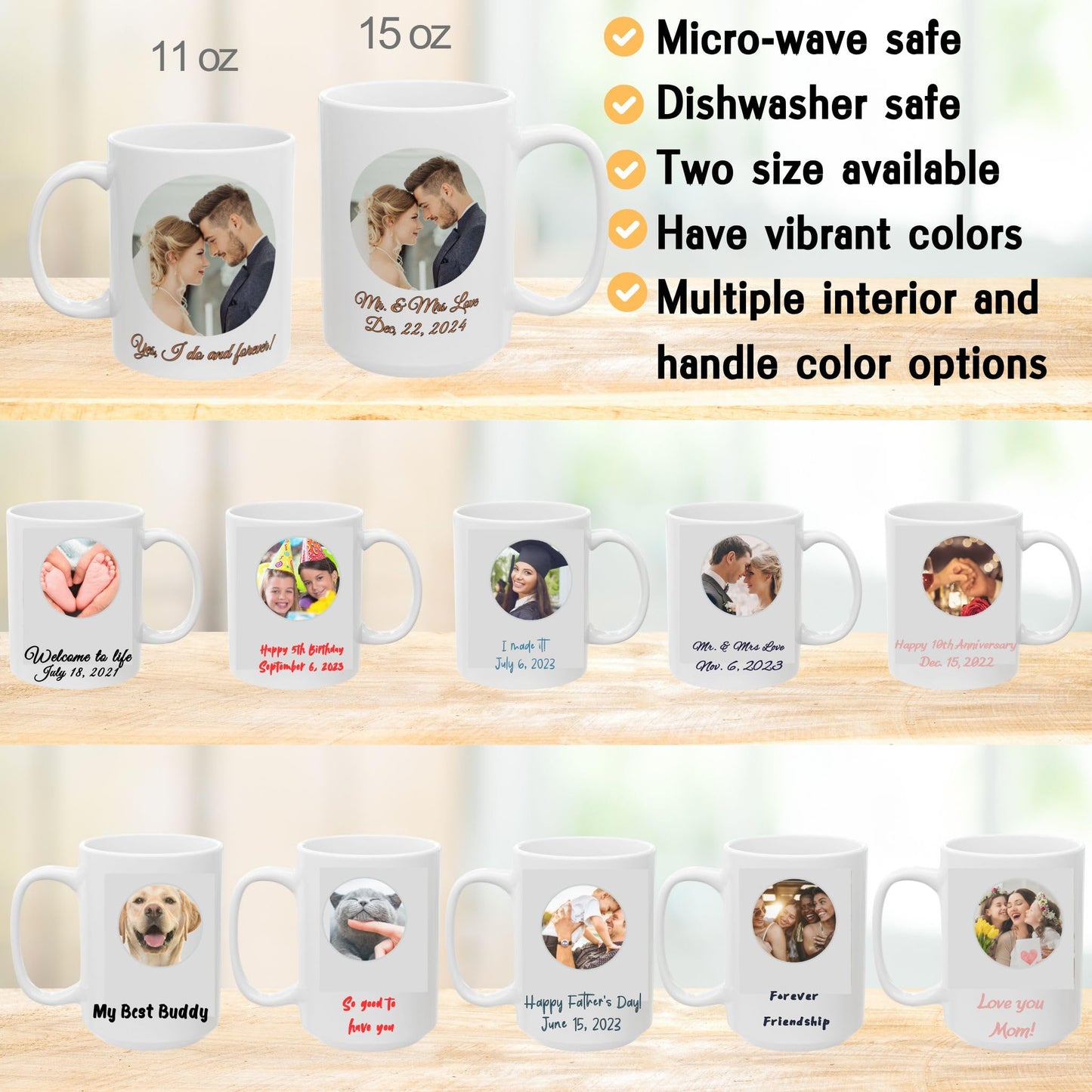Custom Mug, 15oz All White Circle Design Ceramic Coffee Mug, Personalized Gift with Photo, Text or Logo