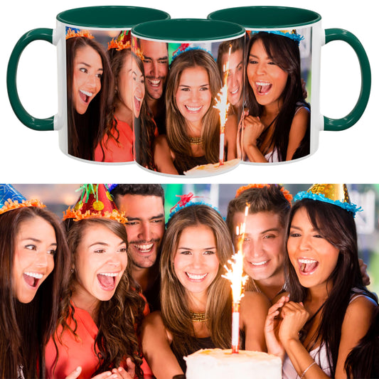 Custom Mug White/Green 11oz, Personalized Gift with Photo, Text or Logo, Wrap Around Design