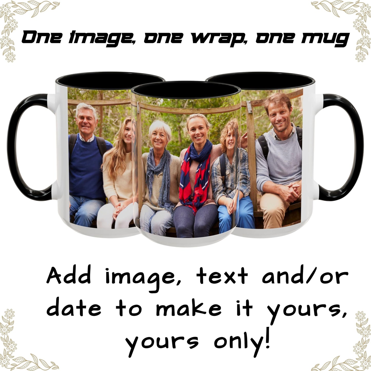 Mug personnalisé, mug à café en céramique de 44 cl blanc/noir avec motif enveloppant, cadeau personnalisé avec photo, texte ou logo