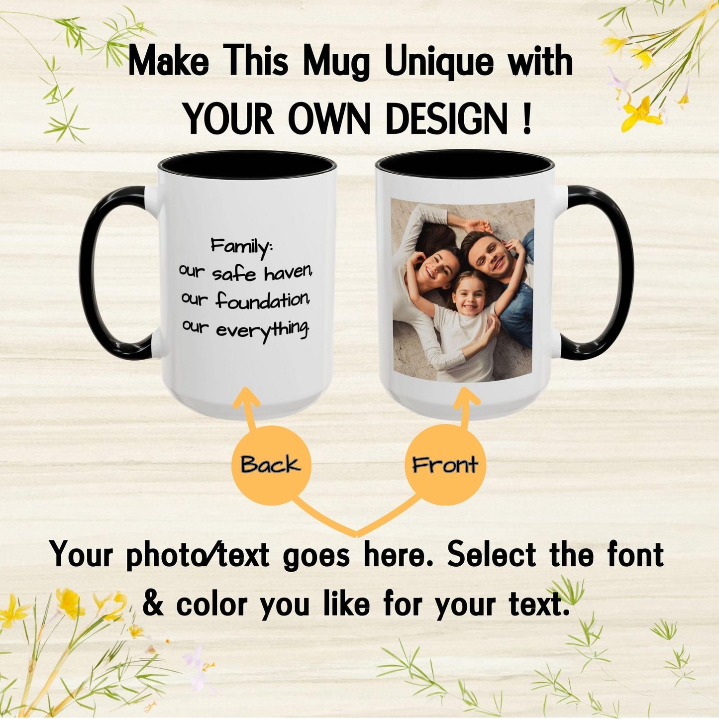 Mug personnalisé, Tasse à café en céramique à motif carré de 44 cl (blanc/noir), Cadeau personnalisé avec photo, texte ou logo