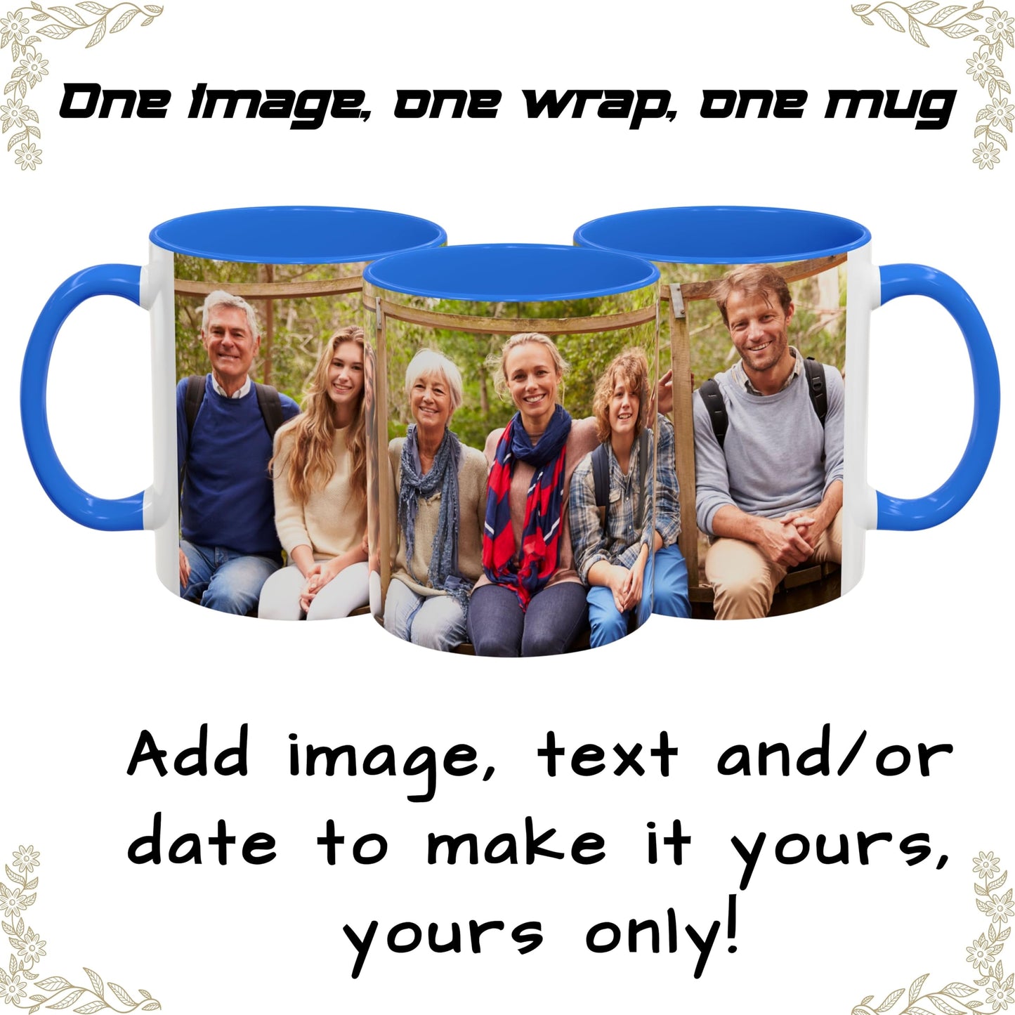 Custom Mug, 11oz White/Cambridge Blue Wrap Around Design Ceramic Coffee Mug, Personalized Gift with Photo, Text or Logo