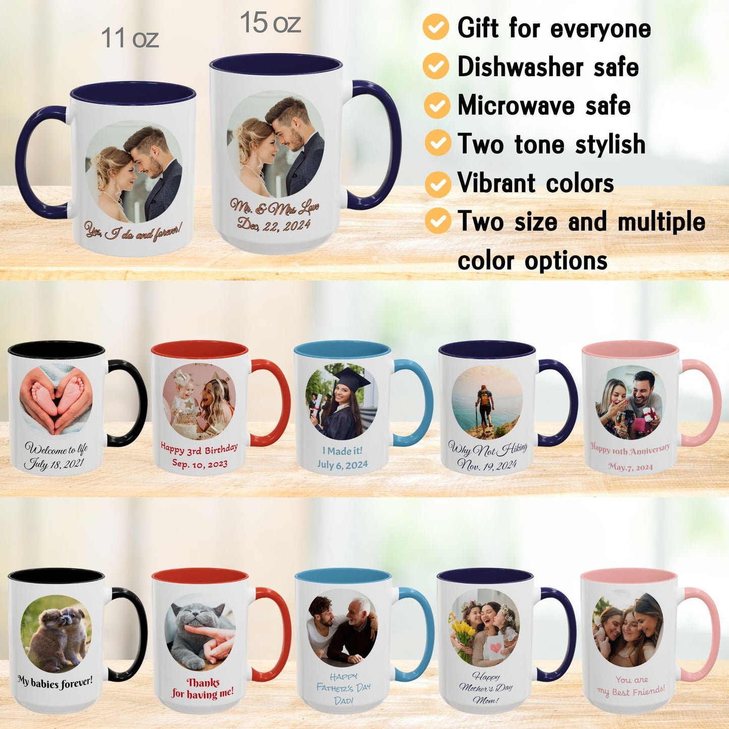 Mug personnalisé blanc/bleu marine 325 ml, cadeau personnalisé avec photo, texte ou logo, motif rond