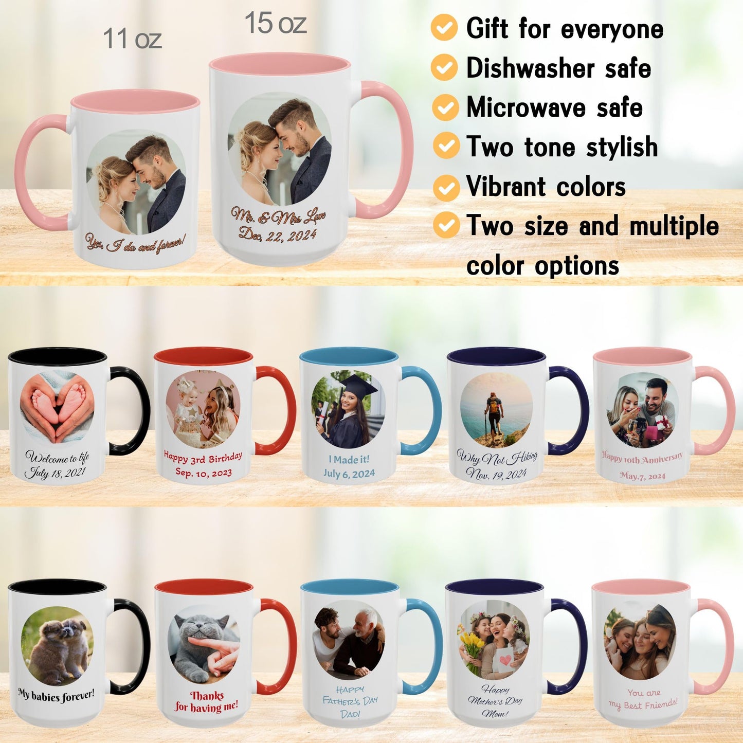 Custom Mug, 325ml White/Pink Circle Design Ceramic Coffee Mug, Personalized Gift with Photo, Text or Logo