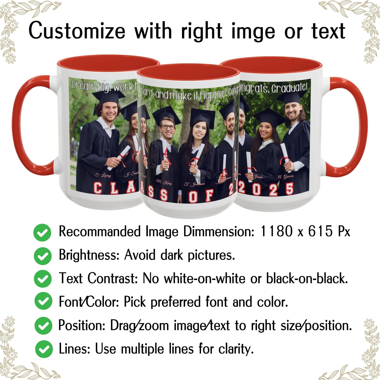 Mug personnalisé, mug en céramique blanc/rouge de 44 cl avec motif enveloppant, cadeau personnalisé avec photo, texte ou logo