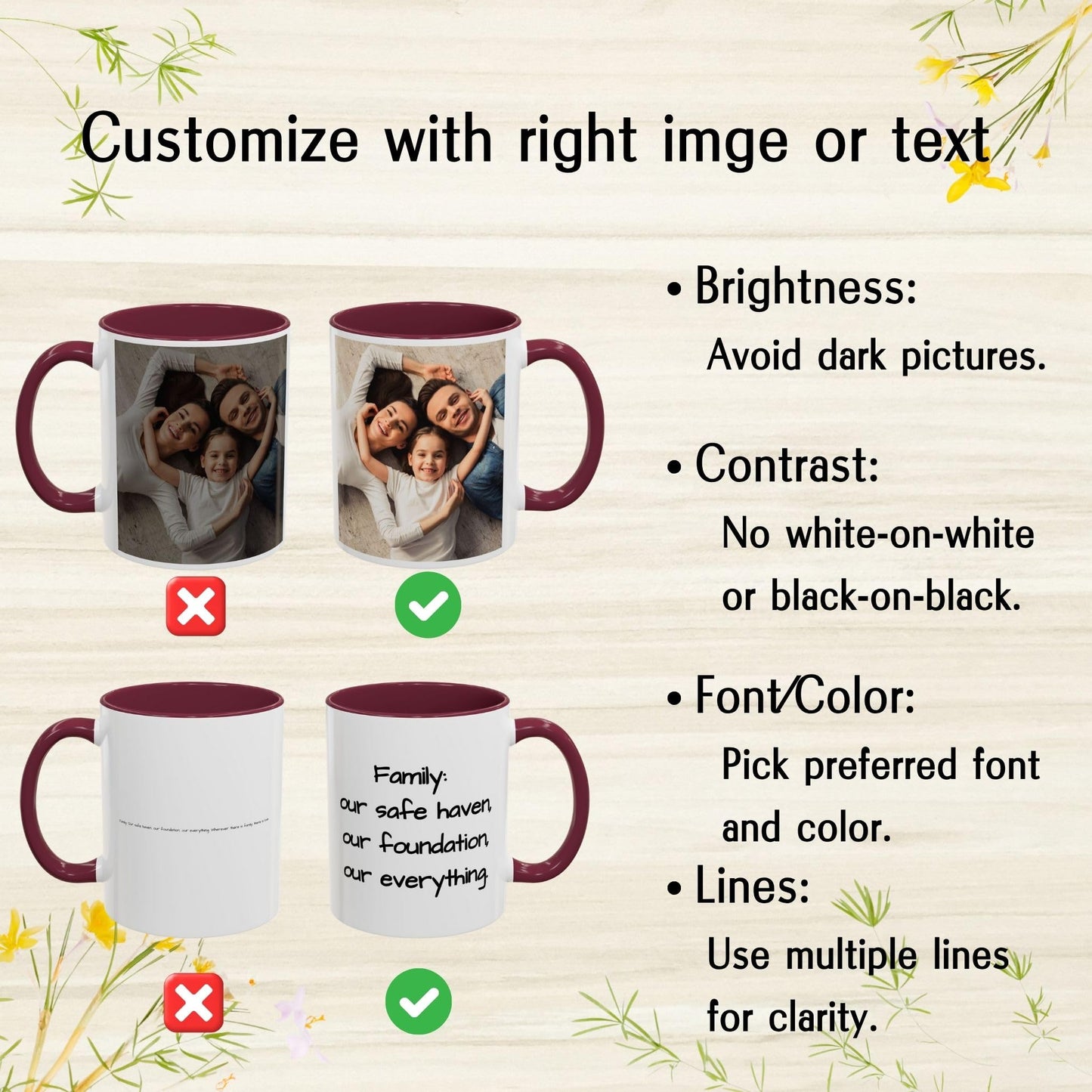 Custom Mug, 11oz White/Maroon Square Design Ceramic Coffee Mug, Personalized Gift with Photo, Text or Logo