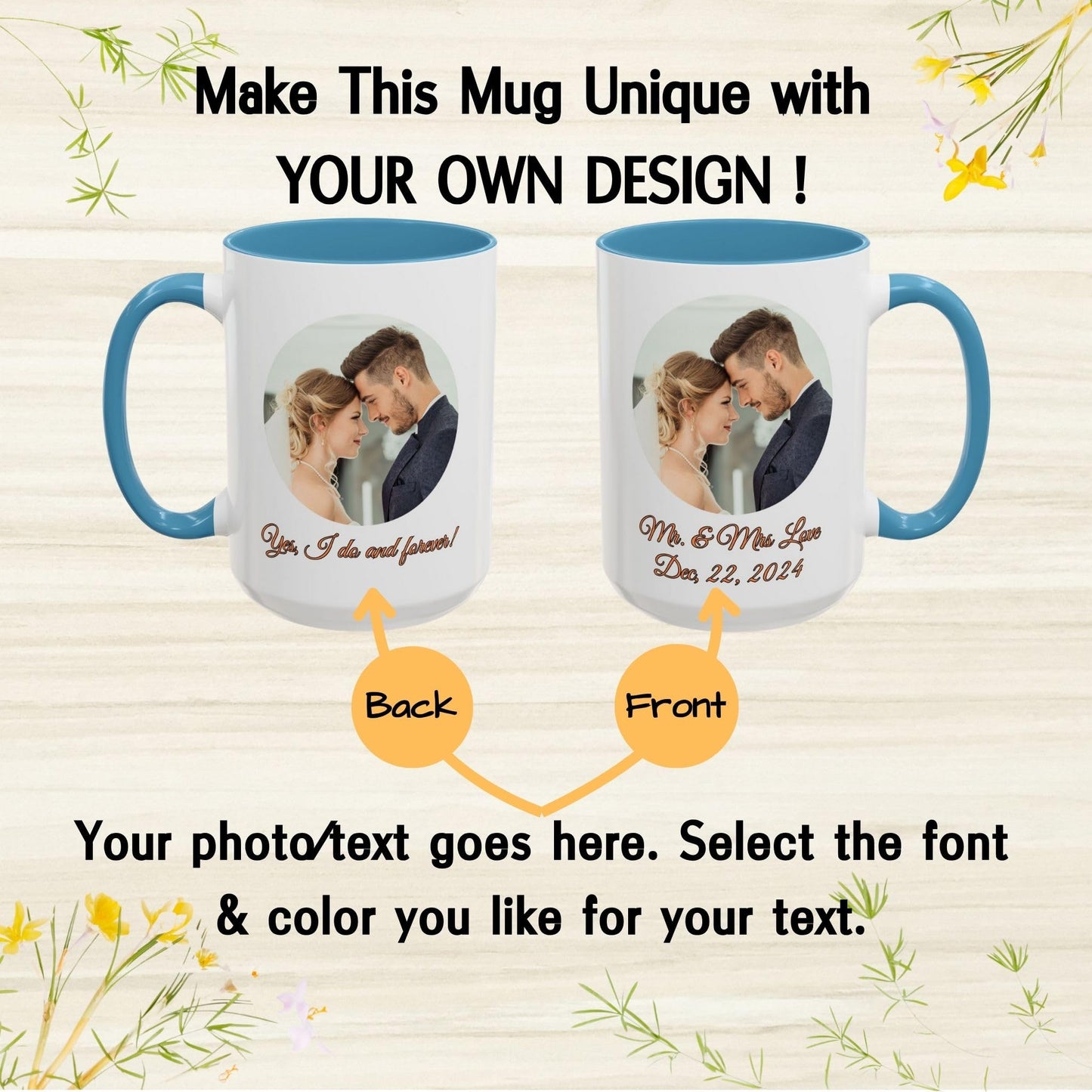 Custom Mug White/Light Blue 15oz, Personalized Gift with Photo, Text or Logo, Cirle Design