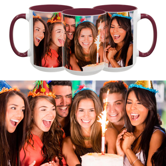 Custom Mug White/Maroon 15oz, Personalized Gift with Photo, Text or Logo, Wrap Around Design
