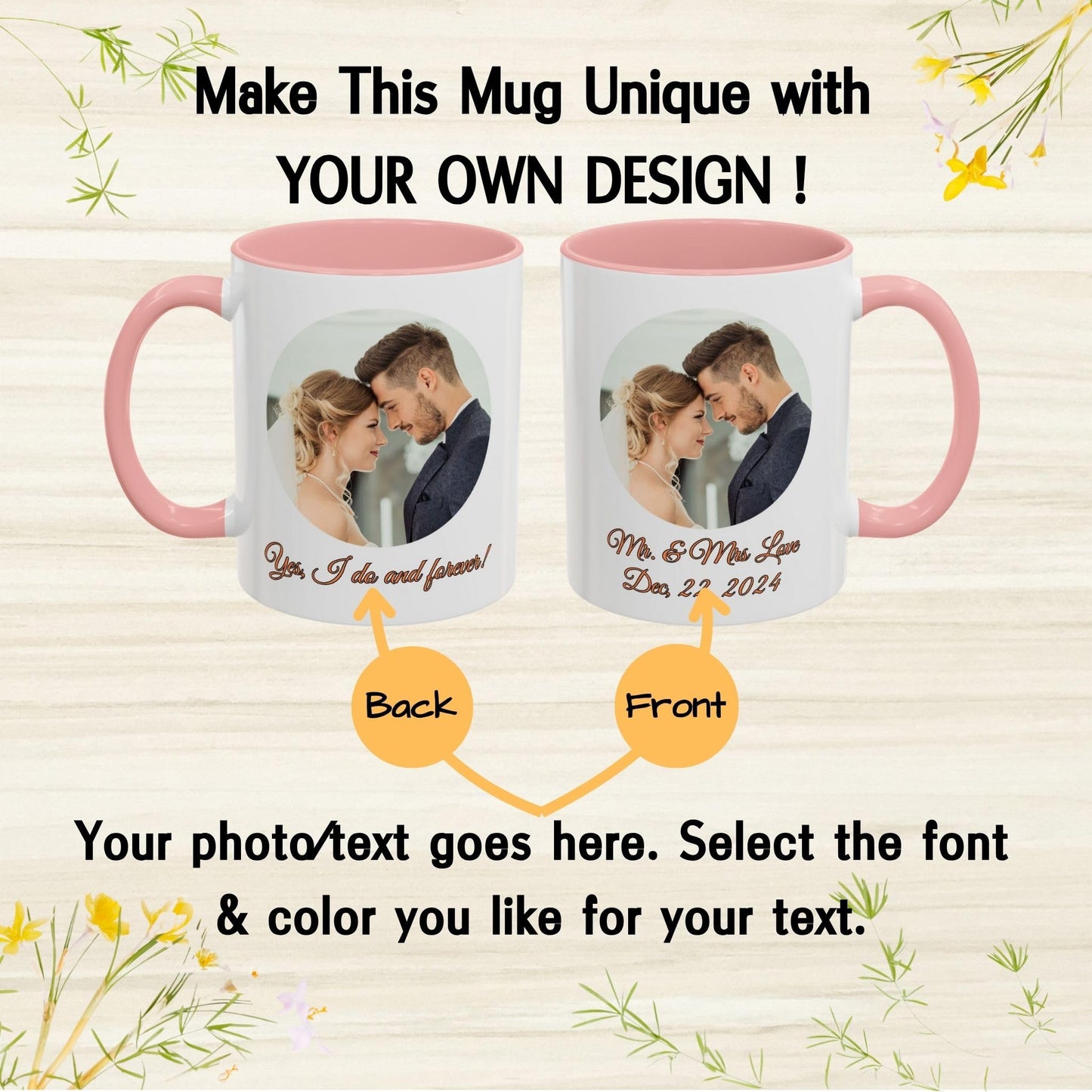 Custom Mug White/Pink 11oz, Personalized Gift with Photo, Text or Logo, Cirle Design