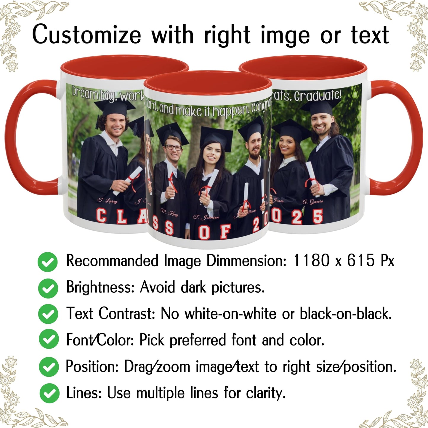 Custom Mug White/Red 11oz, Personalized Gift with Photo, Text or Logo, Wrap Around Design