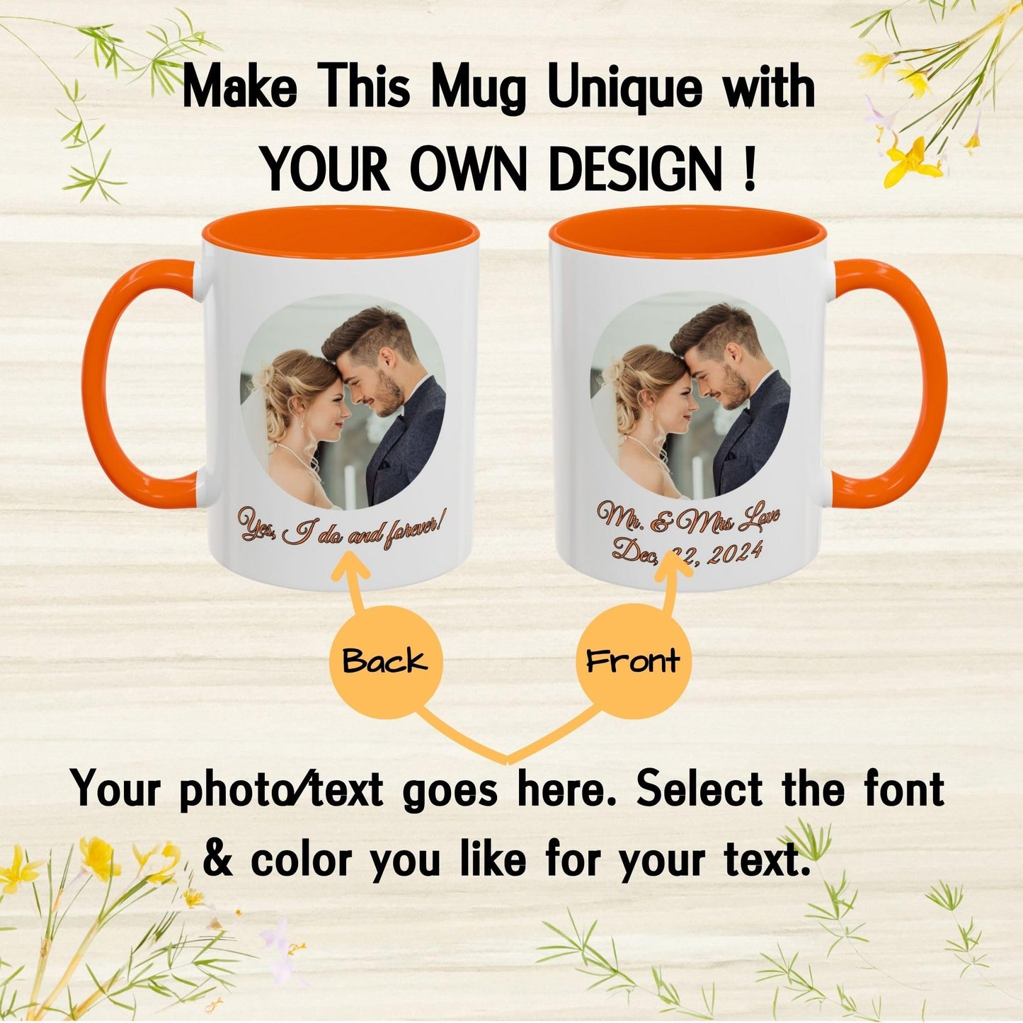 Mug personnalisé, Mug en céramique 325 ml, blanc/orange motif cercle, Cadeau personnalisé avec photo, texte ou logo