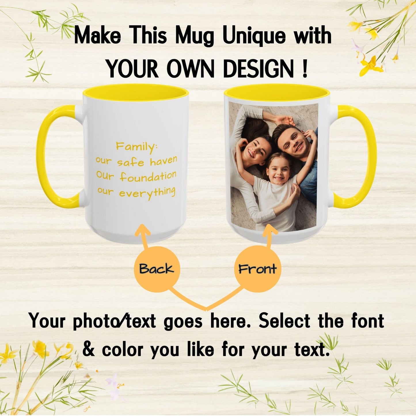 Custom Mug White/Yellow 15oz, Personalized Gift with Photo, Text or Logo, Square Design