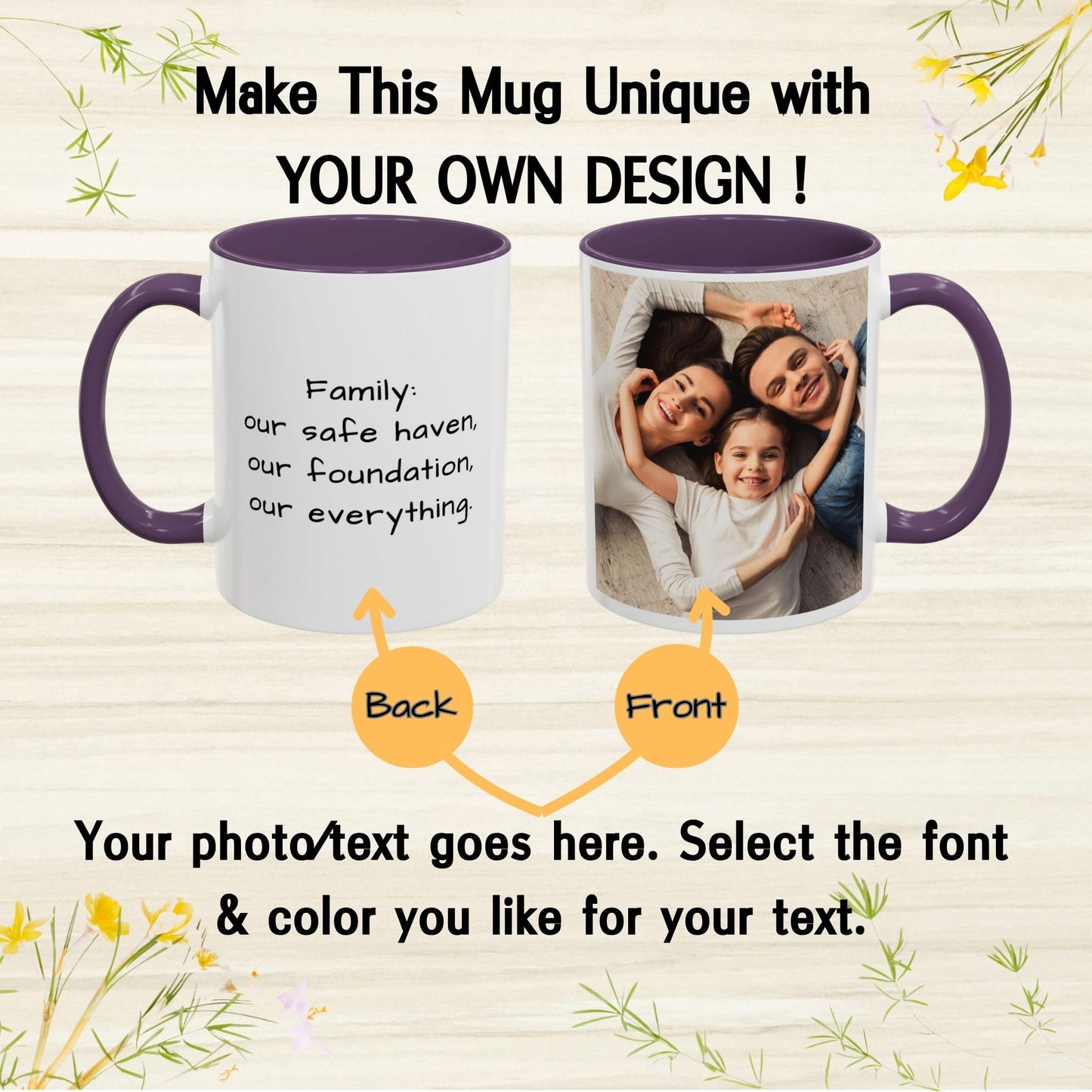 Custom Mug, 325ml White/Purple Square Design Ceramic Coffee Mug, Personalized Gift with Photo, Text or Logo