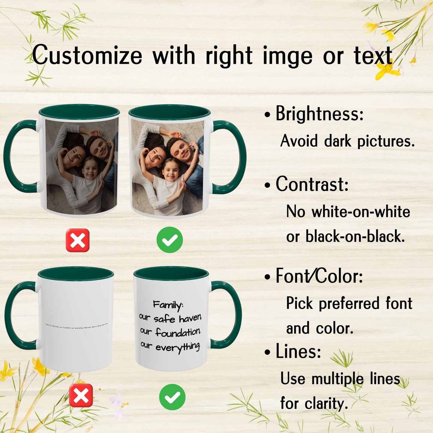 Custom Mug White/Green 11oz, Personalized Gift with Photo, Text or Logo, Square Design