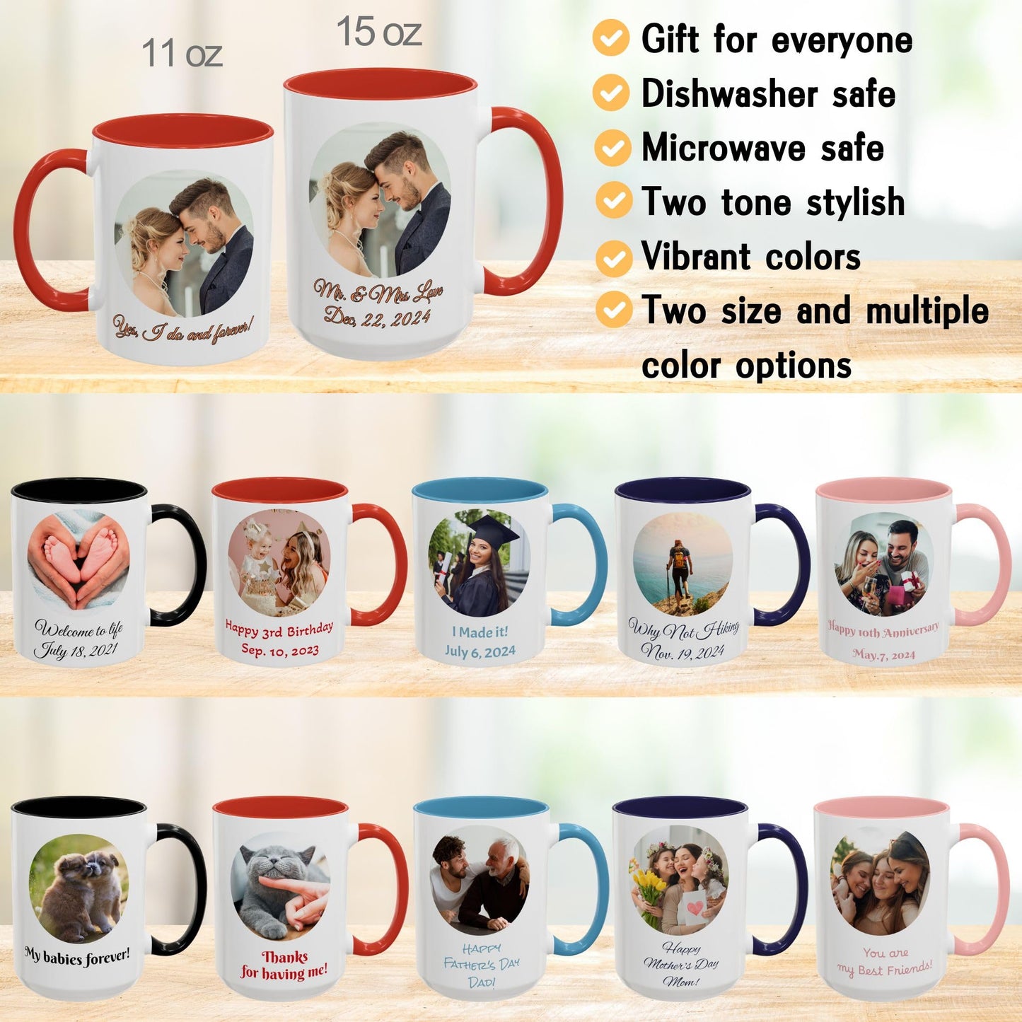 Mug personnalisé, Tasse à café en céramique 15 oz, motif cercle blanc/rouge, cadeau personnalisé avec photo, texte ou logo