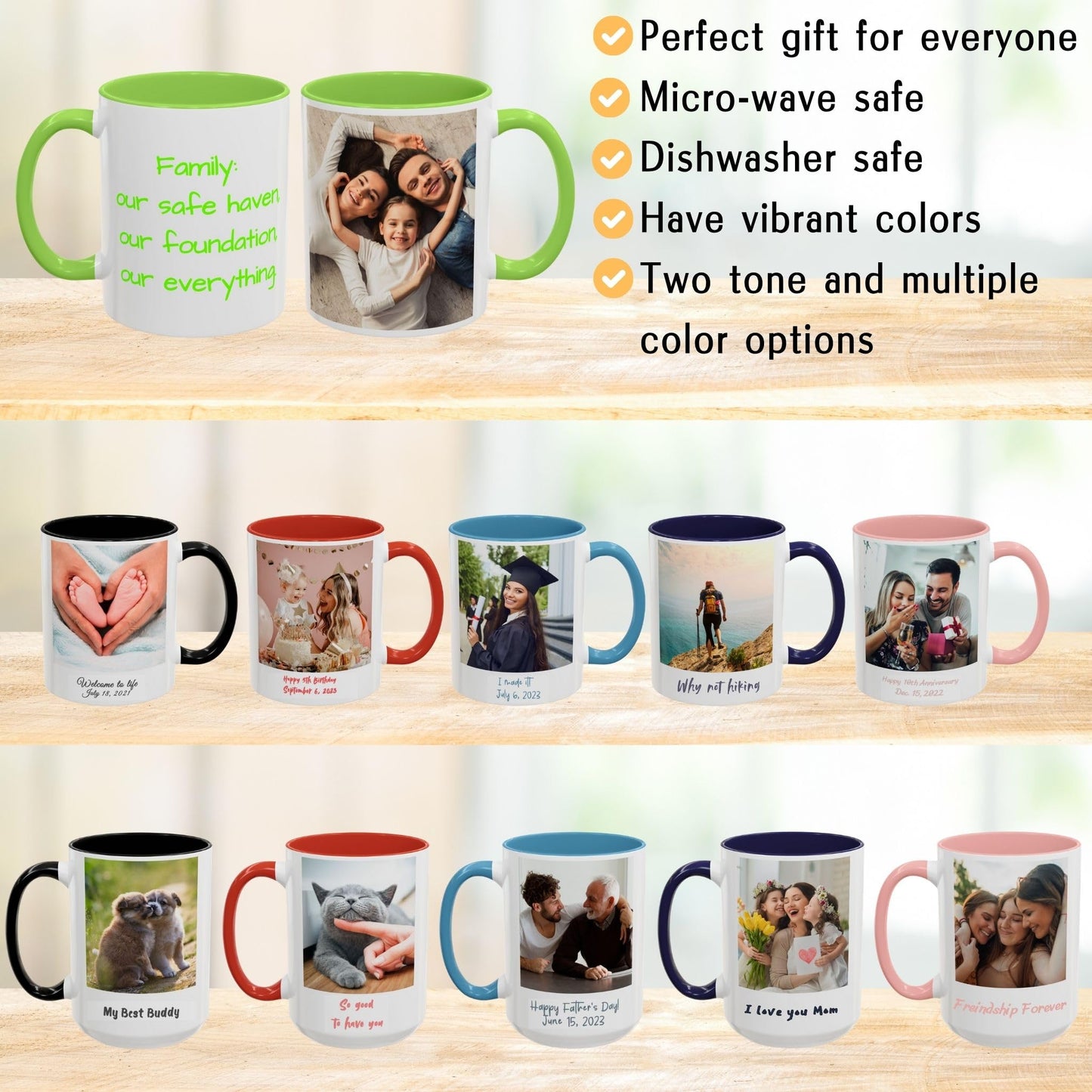 Custom Mug, 11oz White/Light Green Square Design Ceramic Coffee Mug, Personalized Gift with Photo, Text or Logo