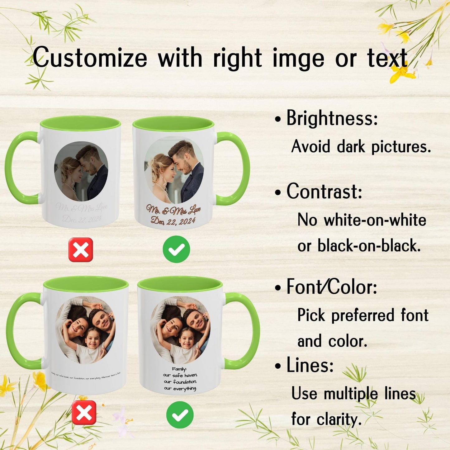Mug personnalisé, mug en céramique blanc/vert clair avec motif circulaire de 11 oz, cadeau personnalisé avec photo, texte ou logo