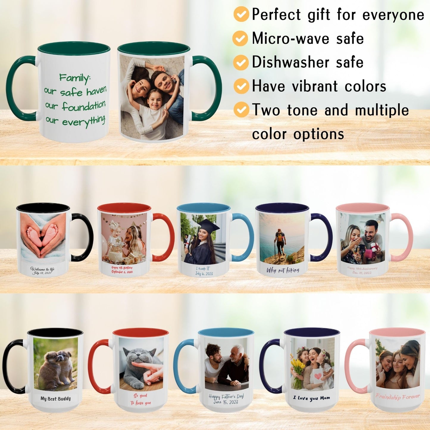 Custom Mug White/Green 11oz, Personalized Gift with Photo, Text or Logo, Square Design