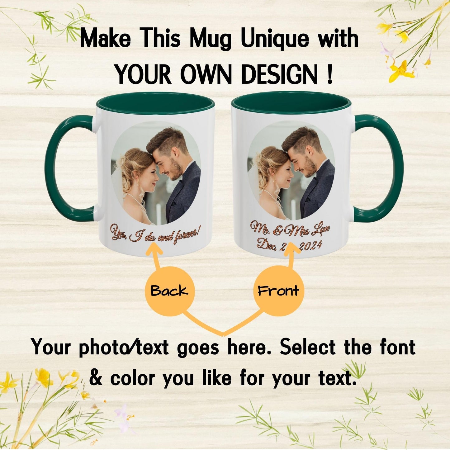 Mug personnalisé, 325 ml, en céramique, design cercle blanc/vert, cadeau personnalisé avec photo, texte ou logo