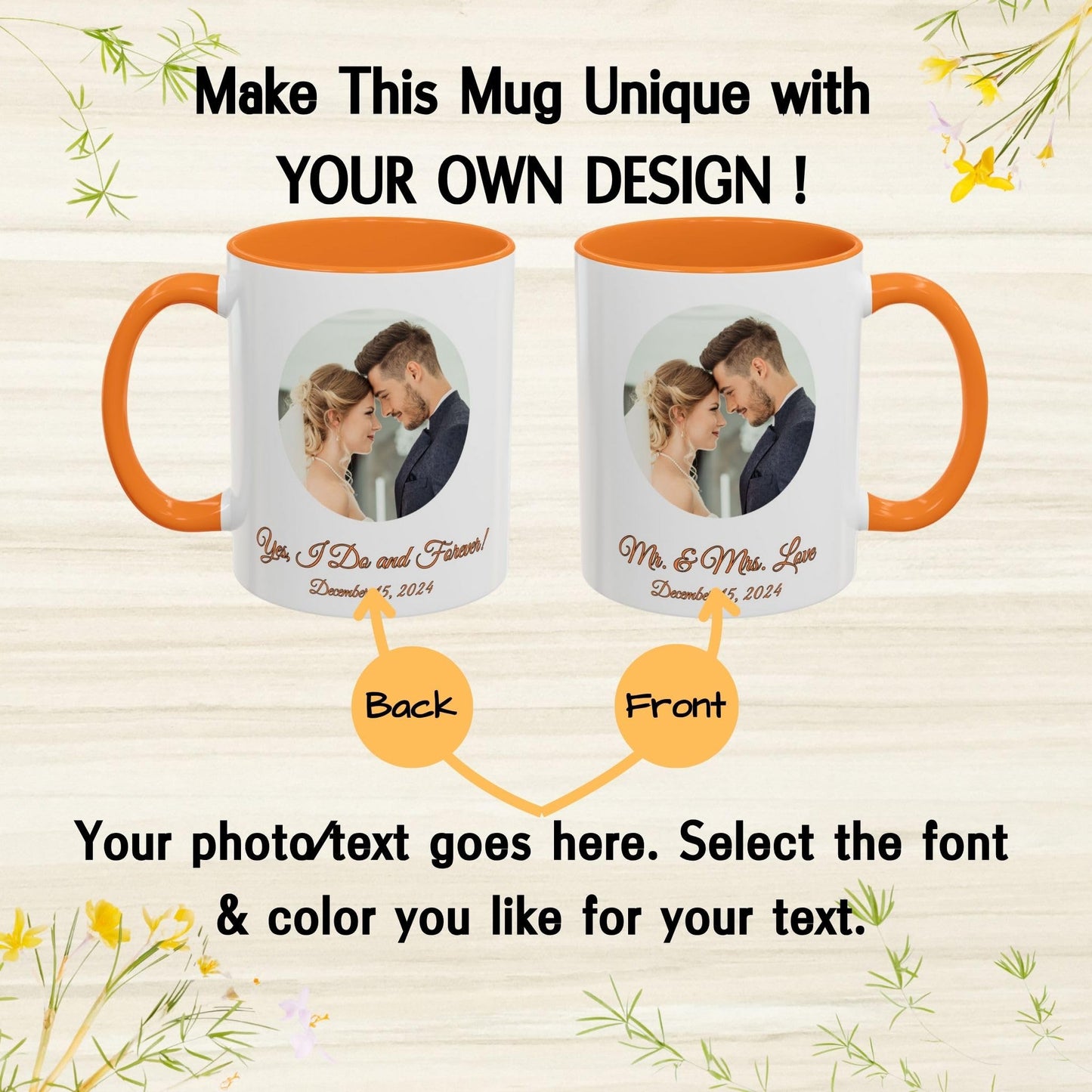 Custom Mug White/Golden Yellow 11oz, Personalized Gift with Photo, Text or Logo, Cirle Design