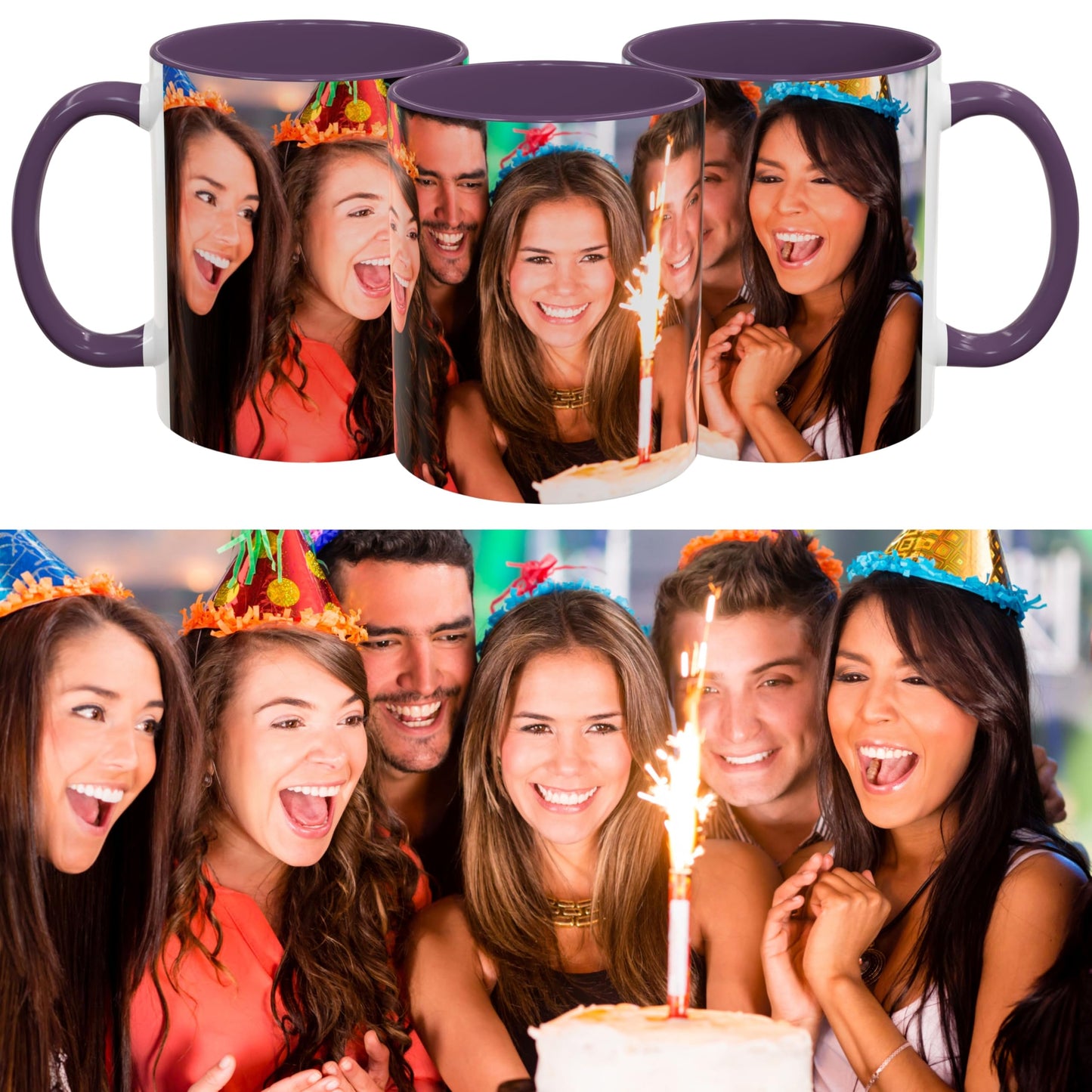 Mug personnalisé, mug à café en céramique blanc/violet de 325 ml avec motif enveloppant, cadeau personnalisé avec photo, texte ou logo