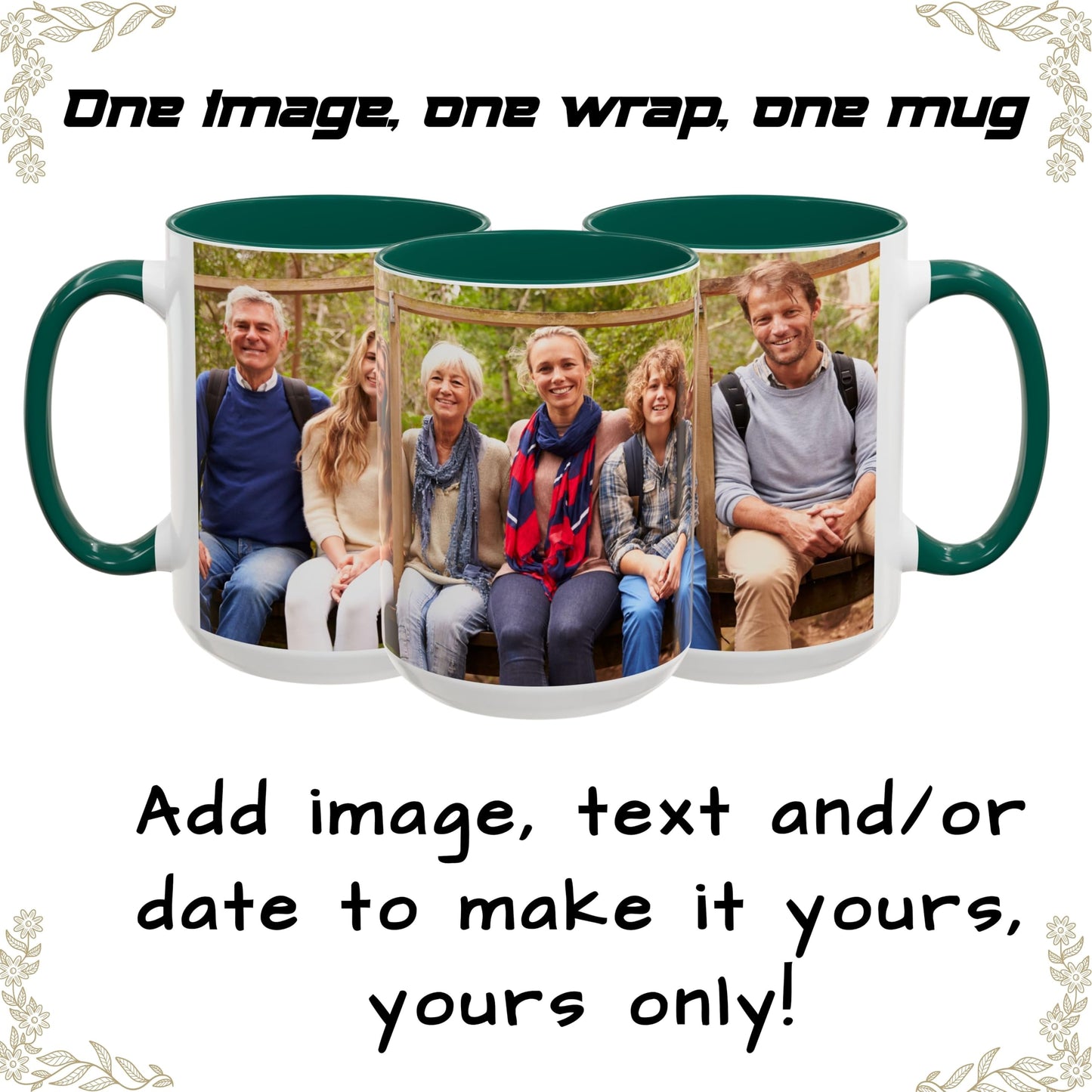 Custom Mug White/Green 15oz, Personalized Gift with Photo, Text or Logo, Wrap Around Design