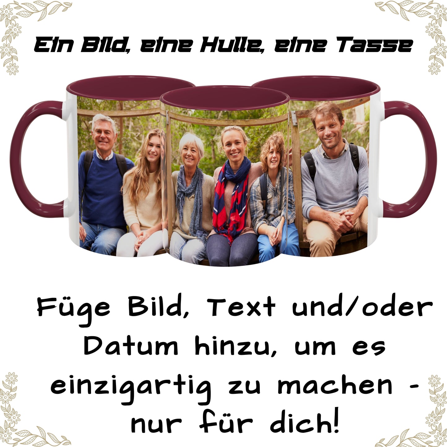 Mug personnalisé, Mug en céramique blanc/marron de 325 ml avec motif enveloppant, Cadeau personnalisé avec photo, texte ou logo
