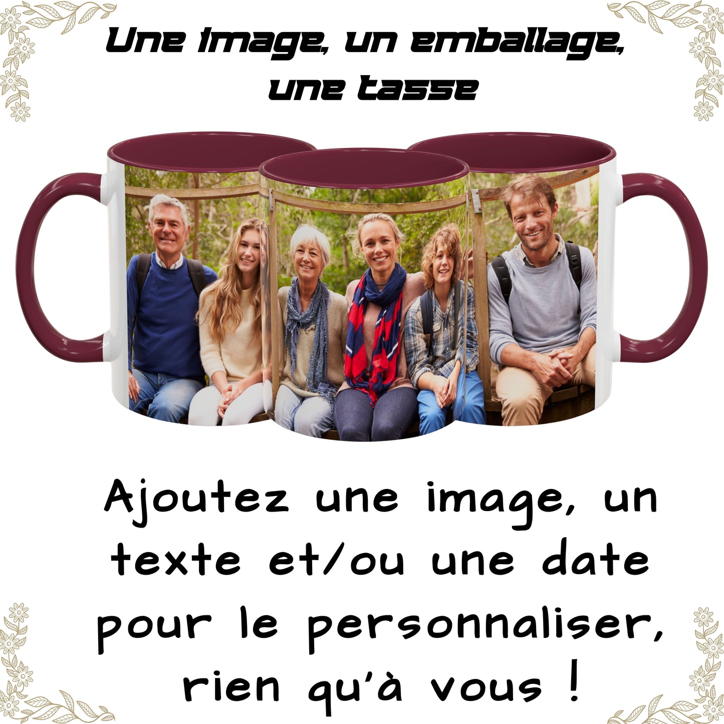 Mug personnalisé, Mug en céramique blanc/marron de 325 ml avec motif enveloppant, Cadeau personnalisé avec photo, texte ou logo
