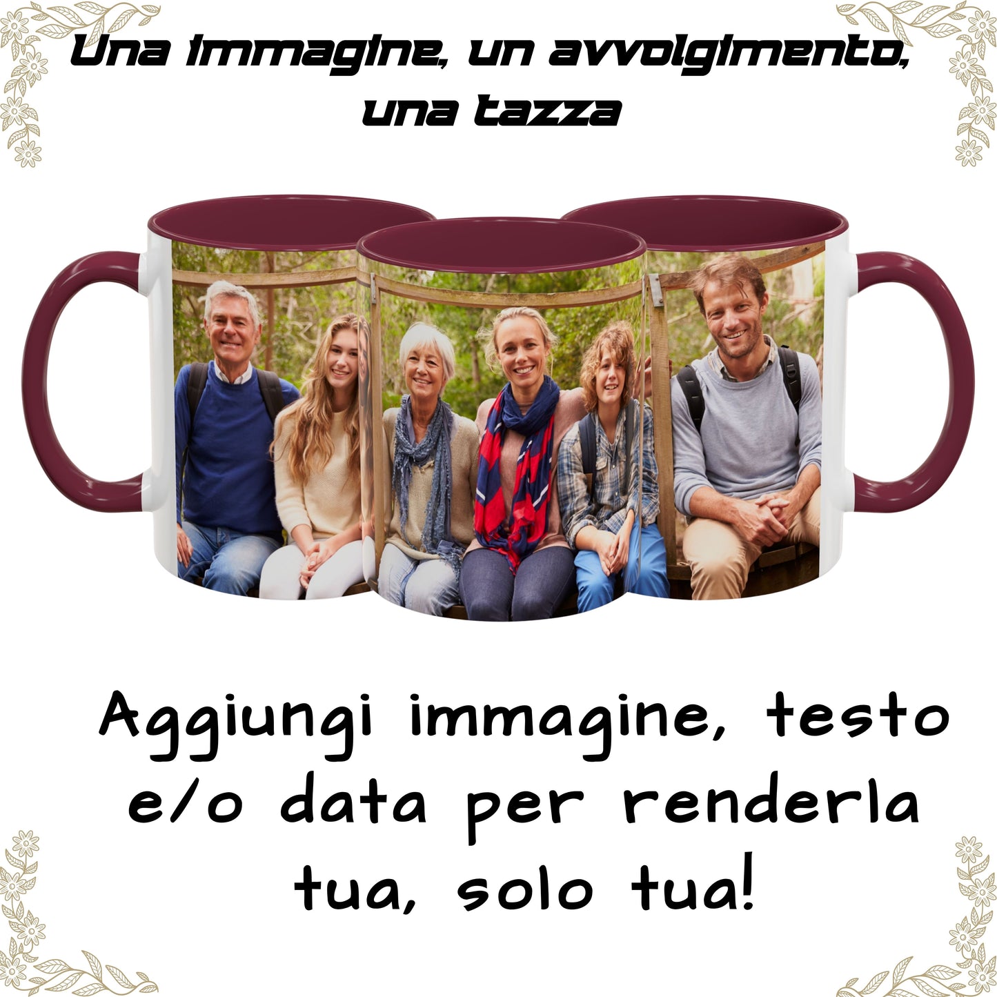Personalisierte Tasse, 325 ml, Weiß/Bordeaux, umlaufendes Design, Keramik-Kaffeetasse, personalisiertes Geschenk mit Foto, Text oder Logo