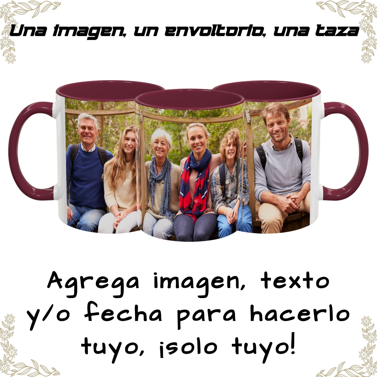Taza personalizada, 325ml Blanco/granate Diseño envolvente Cerámica Taza de café, Regalo personalizado con foto, texto o logo