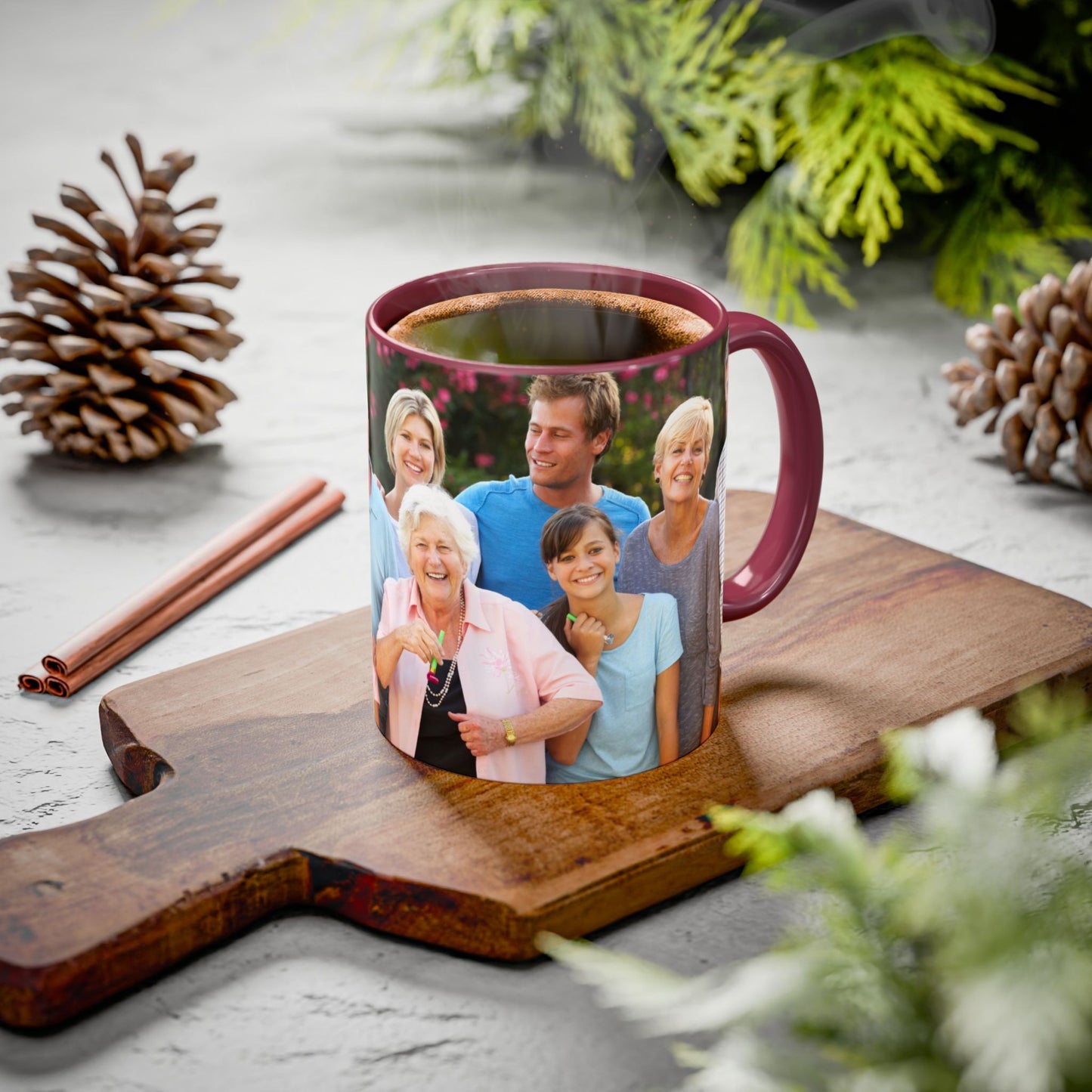 Personalisierte Tasse, 325 ml, Weiß/Bordeaux, umlaufendes Design, Keramik-Kaffeetasse, personalisiertes Geschenk mit Foto, Text oder Logo