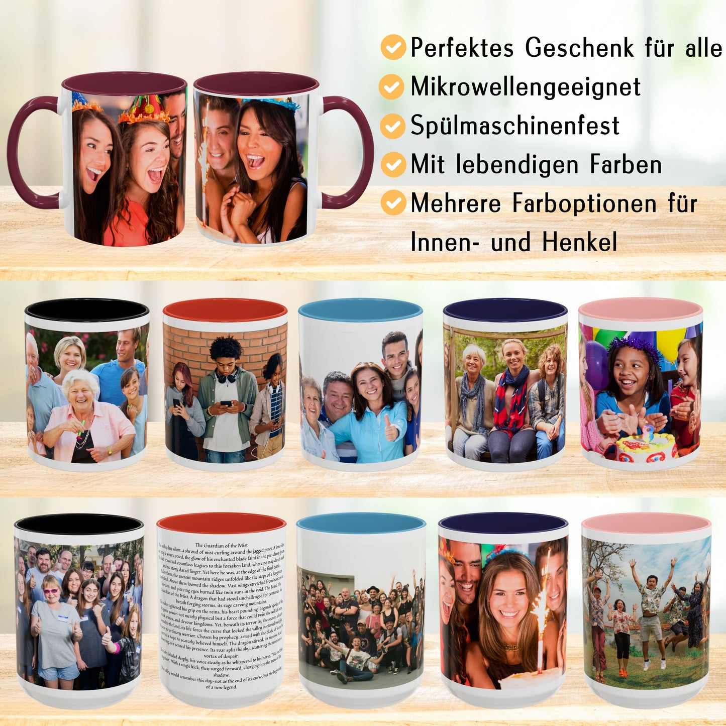 Mug personnalisé, Mug en céramique blanc/marron de 325 ml avec motif enveloppant, Cadeau personnalisé avec photo, texte ou logo