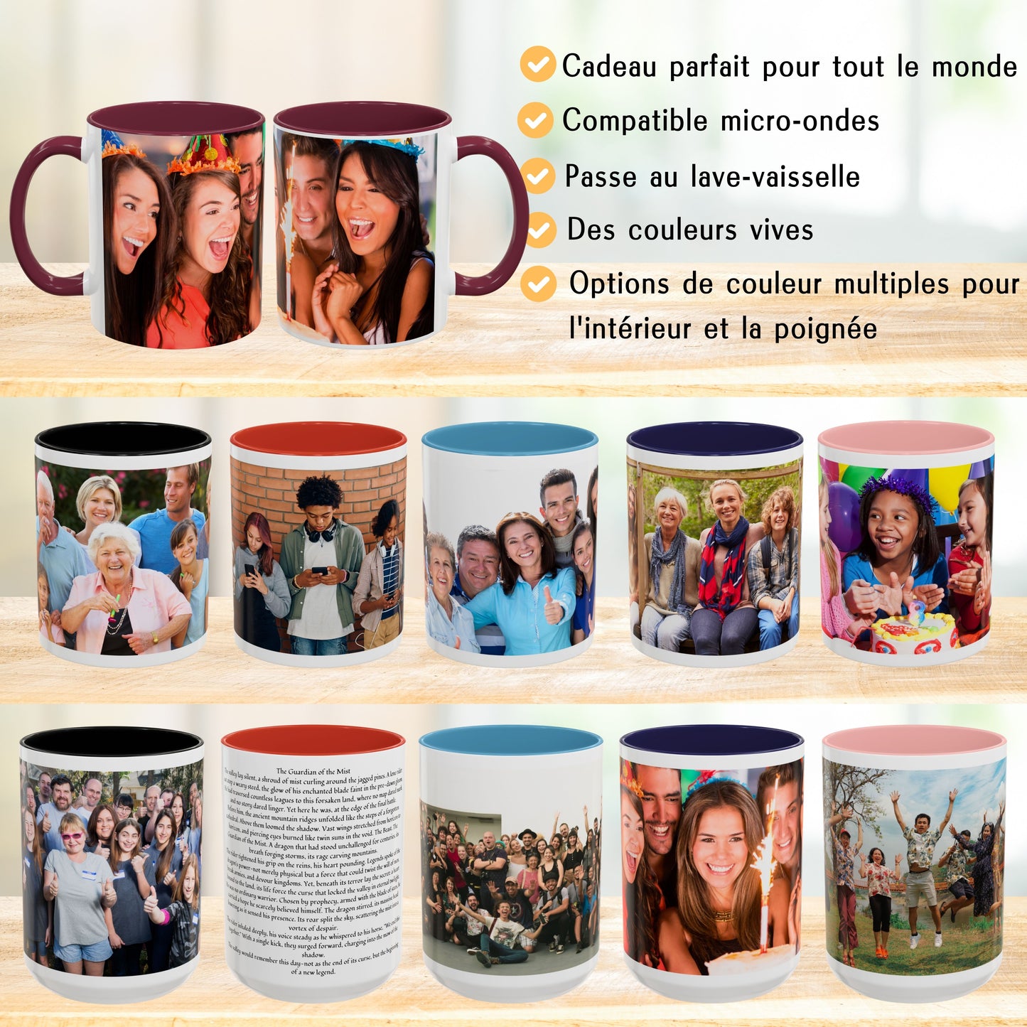 Mug personnalisé, Mug en céramique blanc/marron de 325 ml avec motif enveloppant, Cadeau personnalisé avec photo, texte ou logo