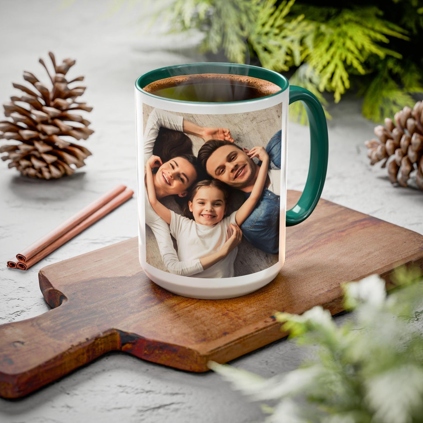Mug personnalisé blanc/vert 44 cl, cadeau personnalisé avec photo, texte ou logo, format carré