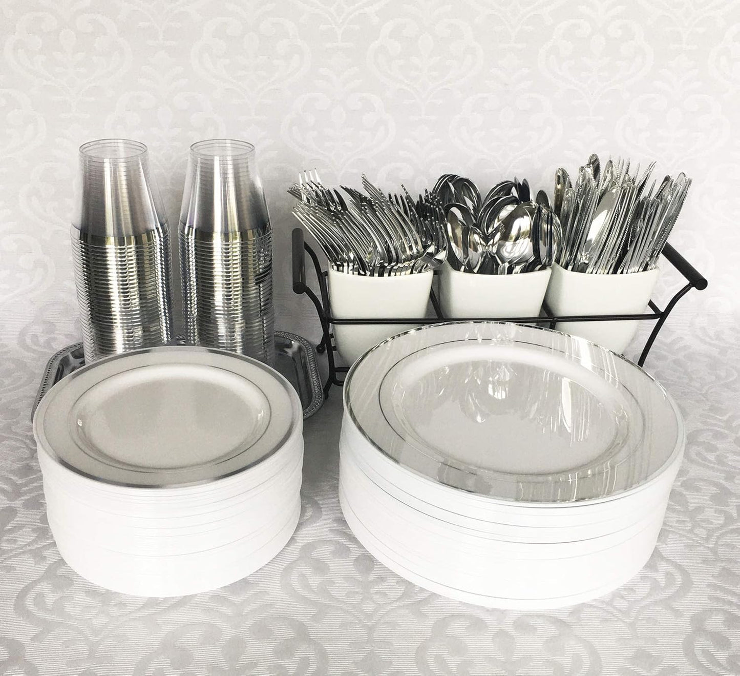 JL Prime 300 Silbernes Kunststoff-Besteckset, Silbernes Kunststoff-Besteckset, Robustes Besteck für Partys und Hochzeiten, Einweg-Silberbesteck, 100 Kunststoffgabeln, 100 Kunststofflöffel, 100 Kunststoffmesser 