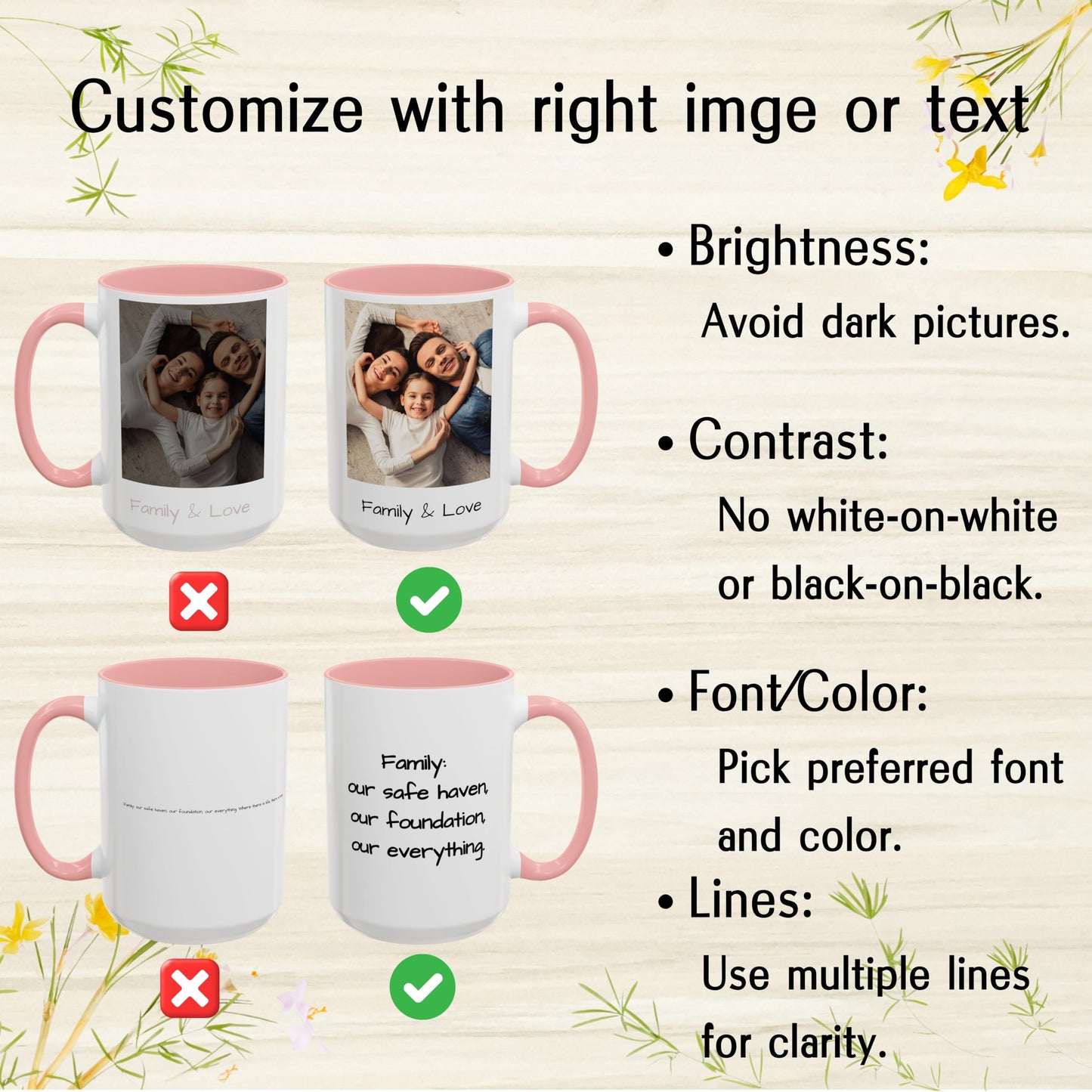 Tasse personnalisée, Tasse à café en céramique 15 oz, motif carré blanc/rose, cadeau personnalisé avec photo, texte ou logo