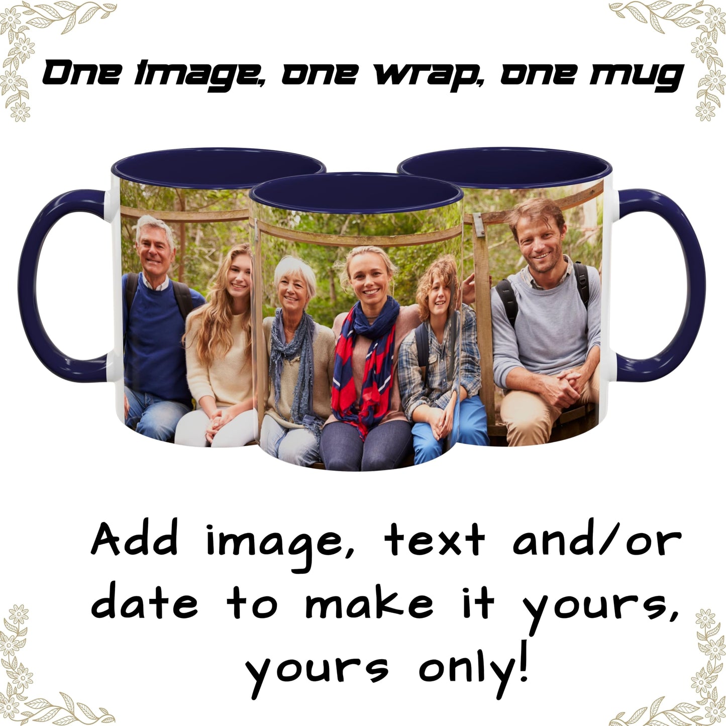 Mug personnalisé blanc/bleu marine 325 ml, cadeau personnalisé avec photo, texte ou logo, motif enveloppant