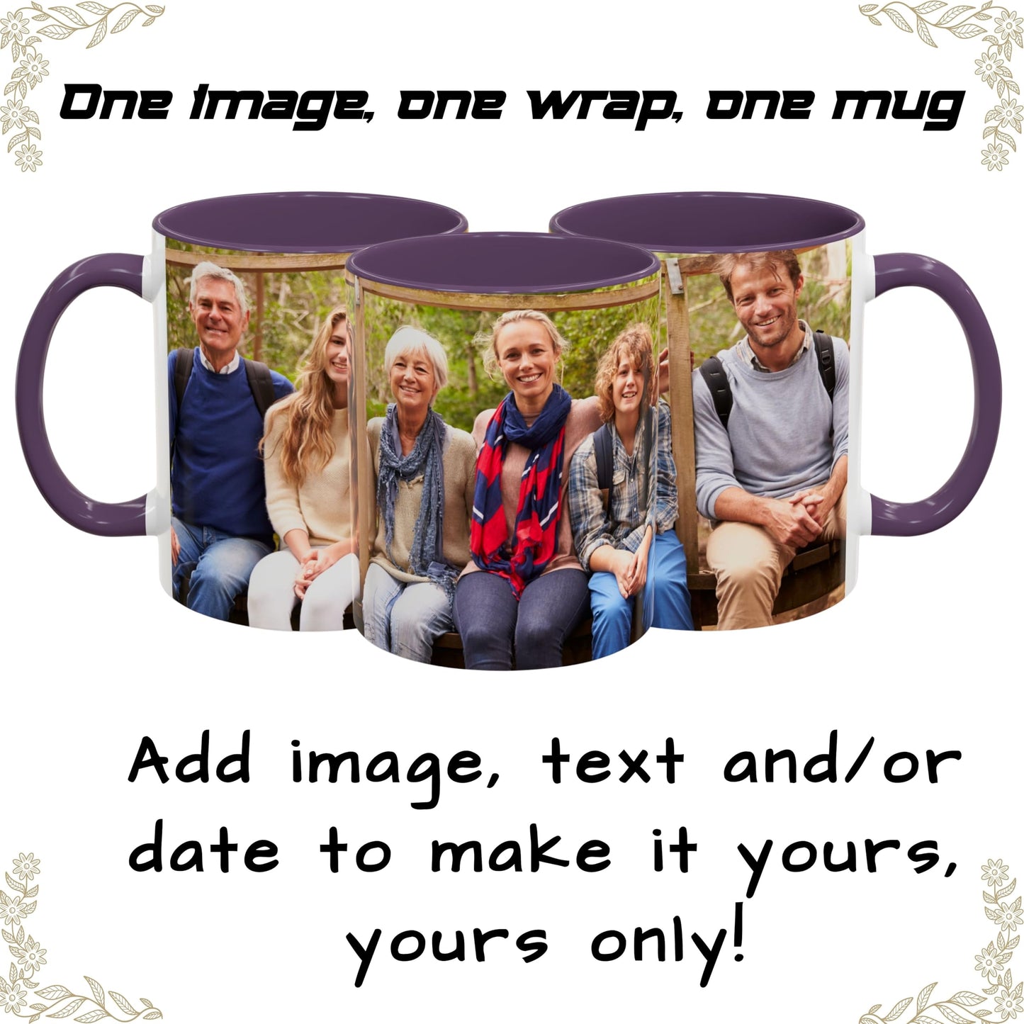 Custom Mug White/Purple 11oz, Personalized Gift with Photo, Text or Logo, Wrap Around Design