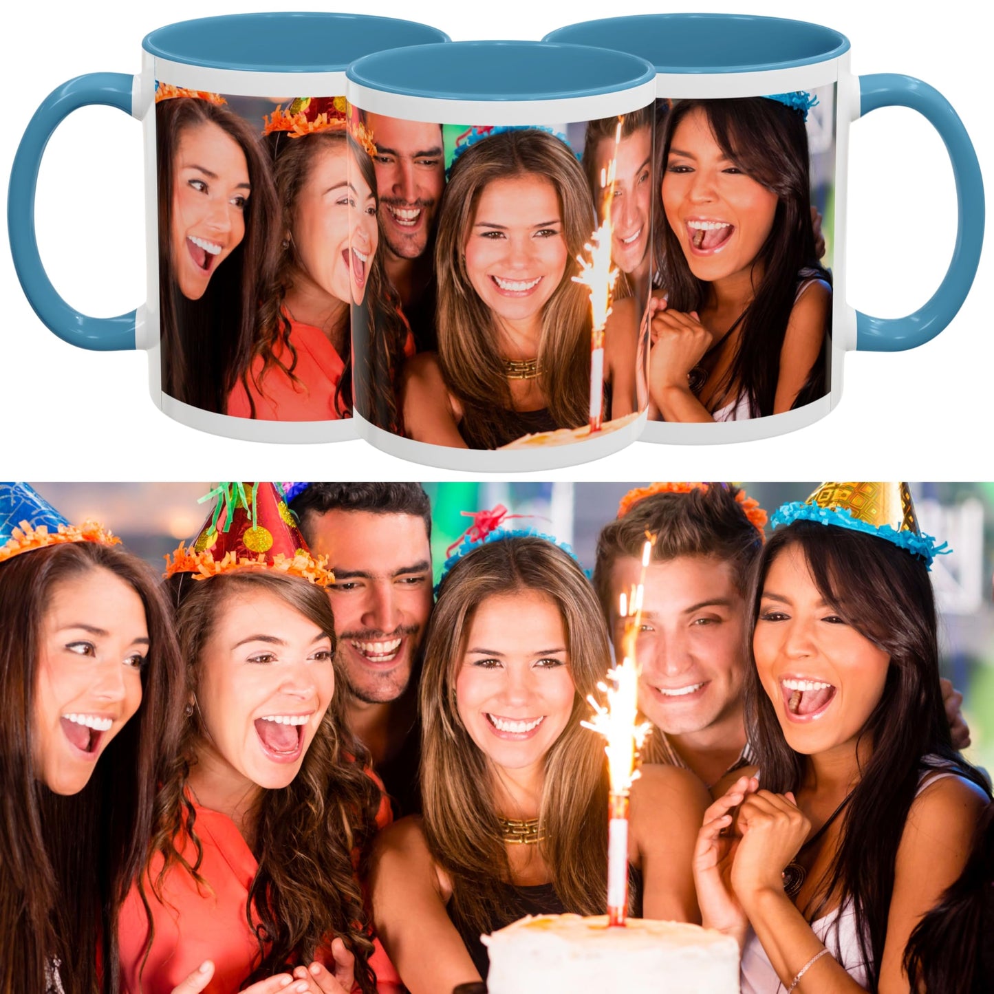 Tasse nach Wunsch, 325 ml, weiß/hellblau, umlaufendes Design, Keramikkaffeetasse, personalisiertes Geschenk mit Foto, Text oder Logo