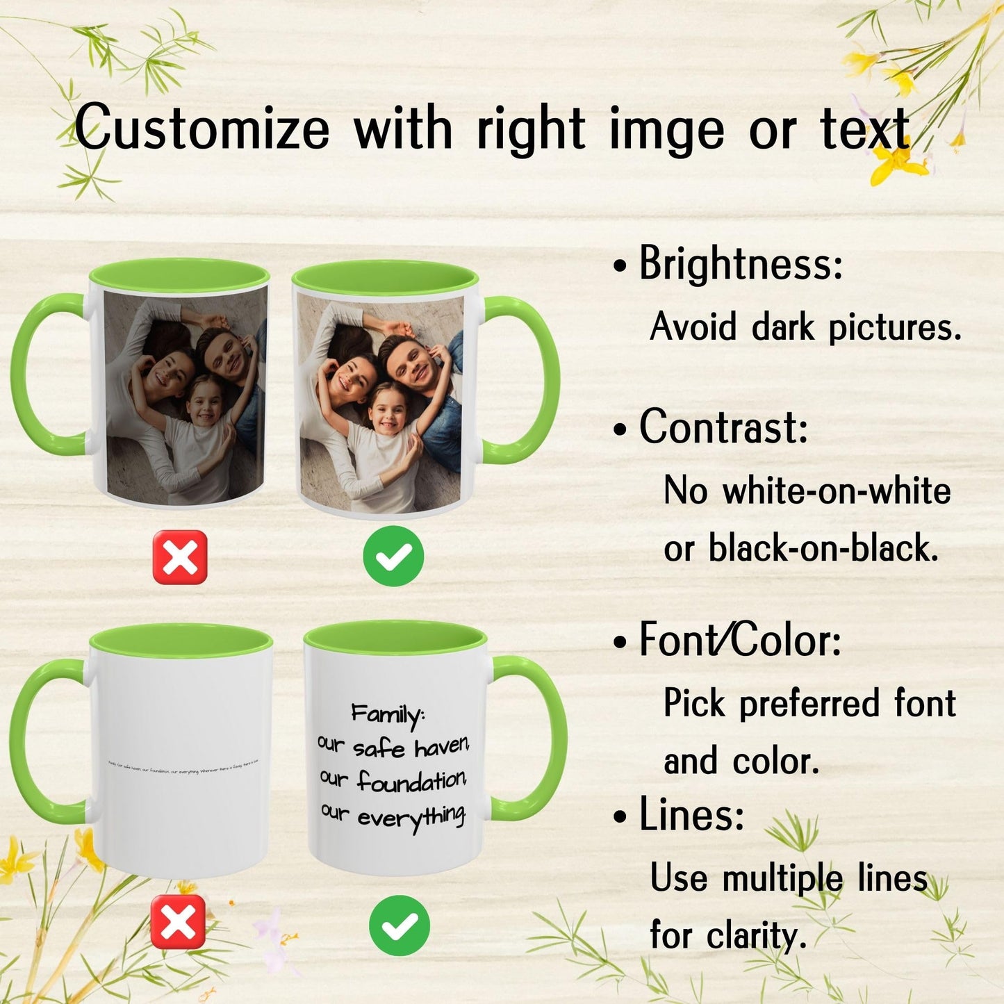 Custom Mug, 325ml White/Light Green Square Design Ceramic Coffee Mug, Personalized Gift with Photo, Text or Logo