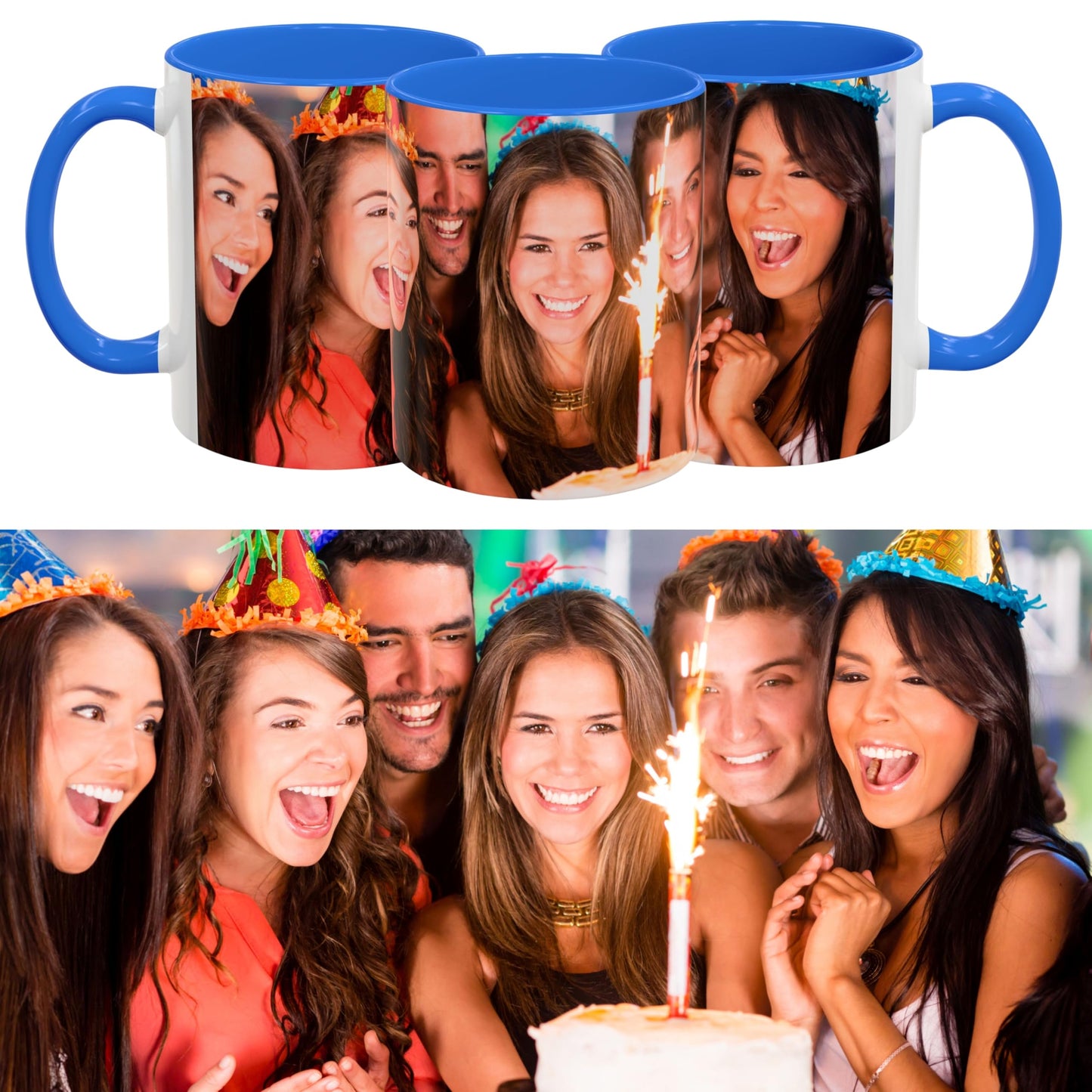 Tasse personnalisée, 325 ml, en céramique blanche/bleu Cambridge avec motif enveloppant, cadeau personnalisé avec photo, texte ou logo