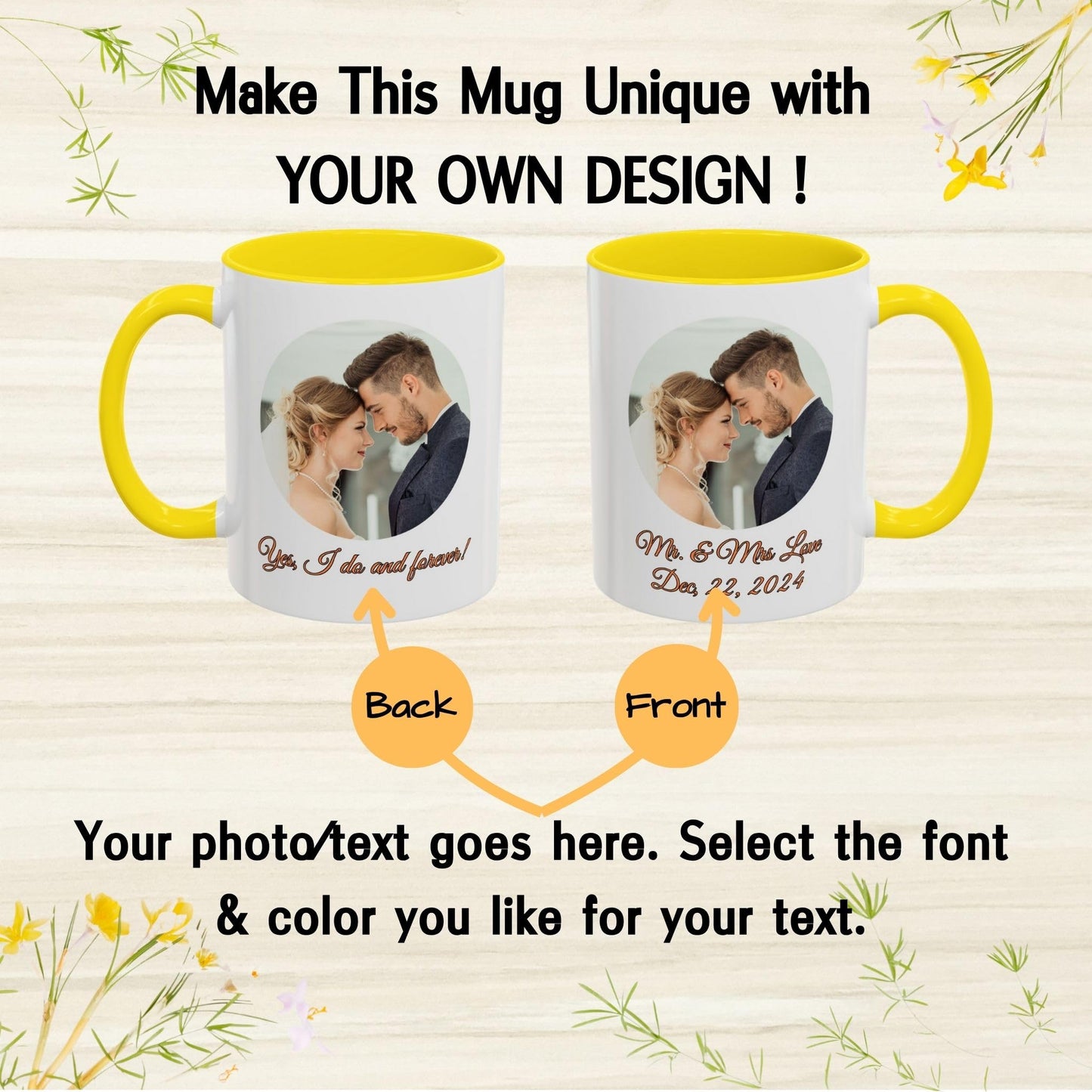 Custom Mug White/Yellow 11oz, Personalized Gift with Photo, Text or Logo, Circle Design