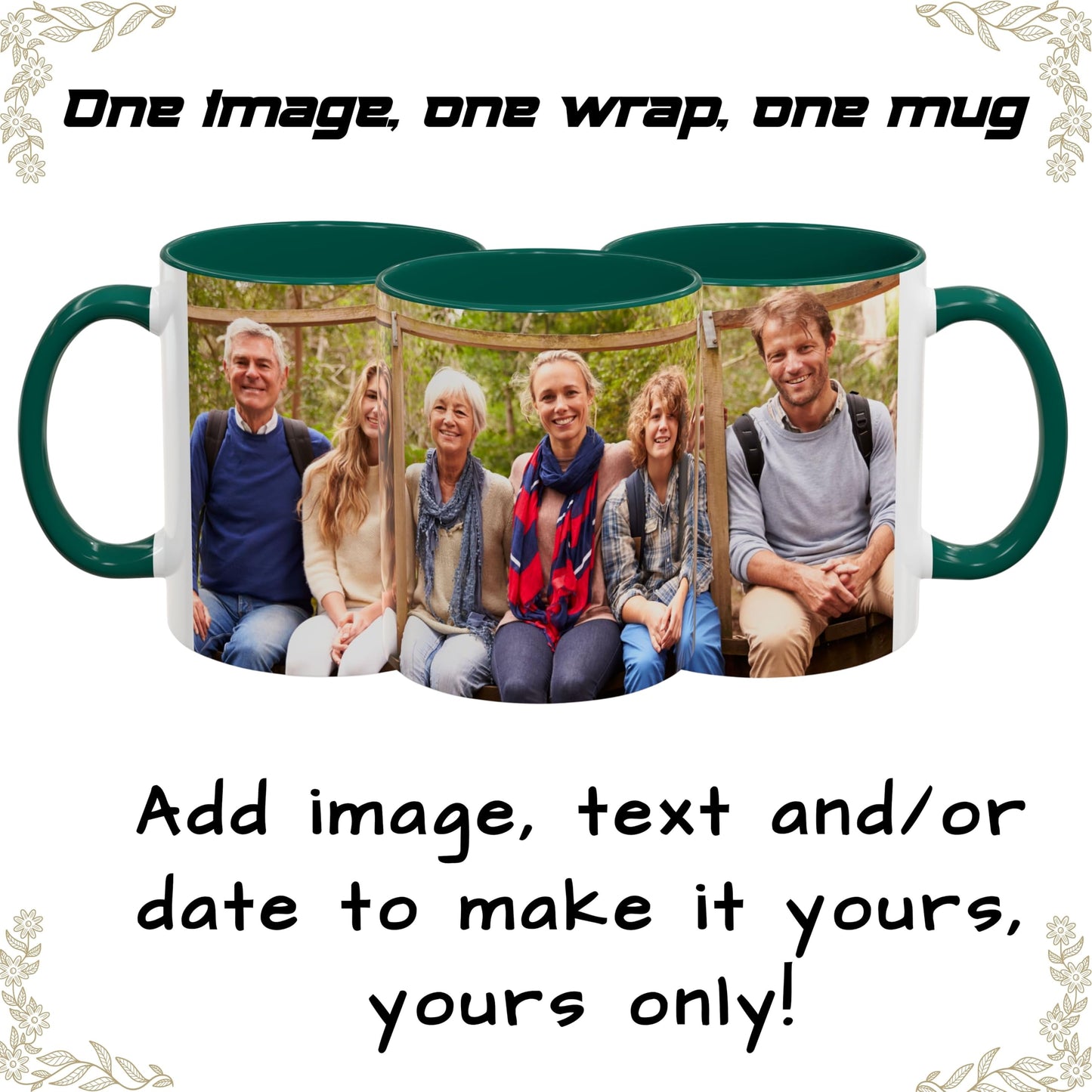 Mug personnalisé blanc/vert 325 ml, cadeau personnalisé avec photo, texte ou logo, motif enveloppant