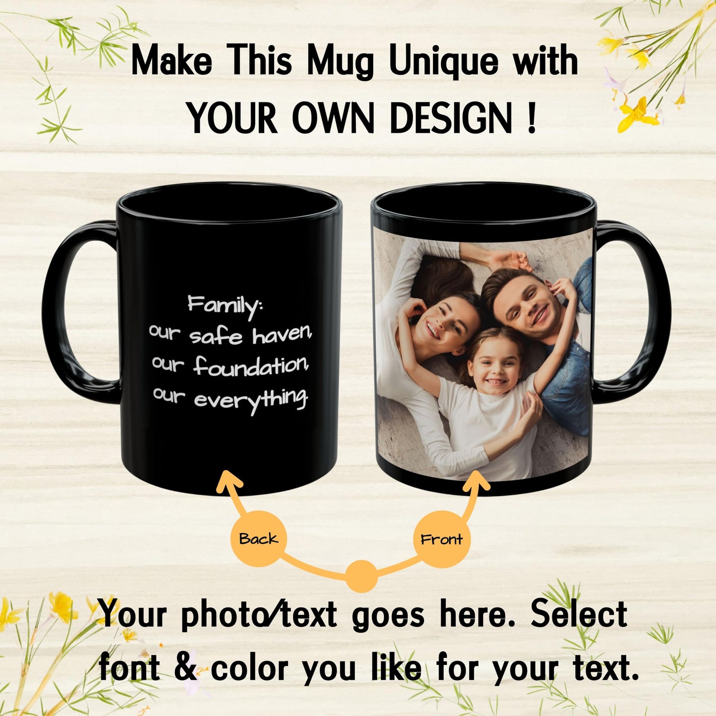 Custom Mug All Black 11oz, Personalized Gift with Photo, Text or Logo, Square Design