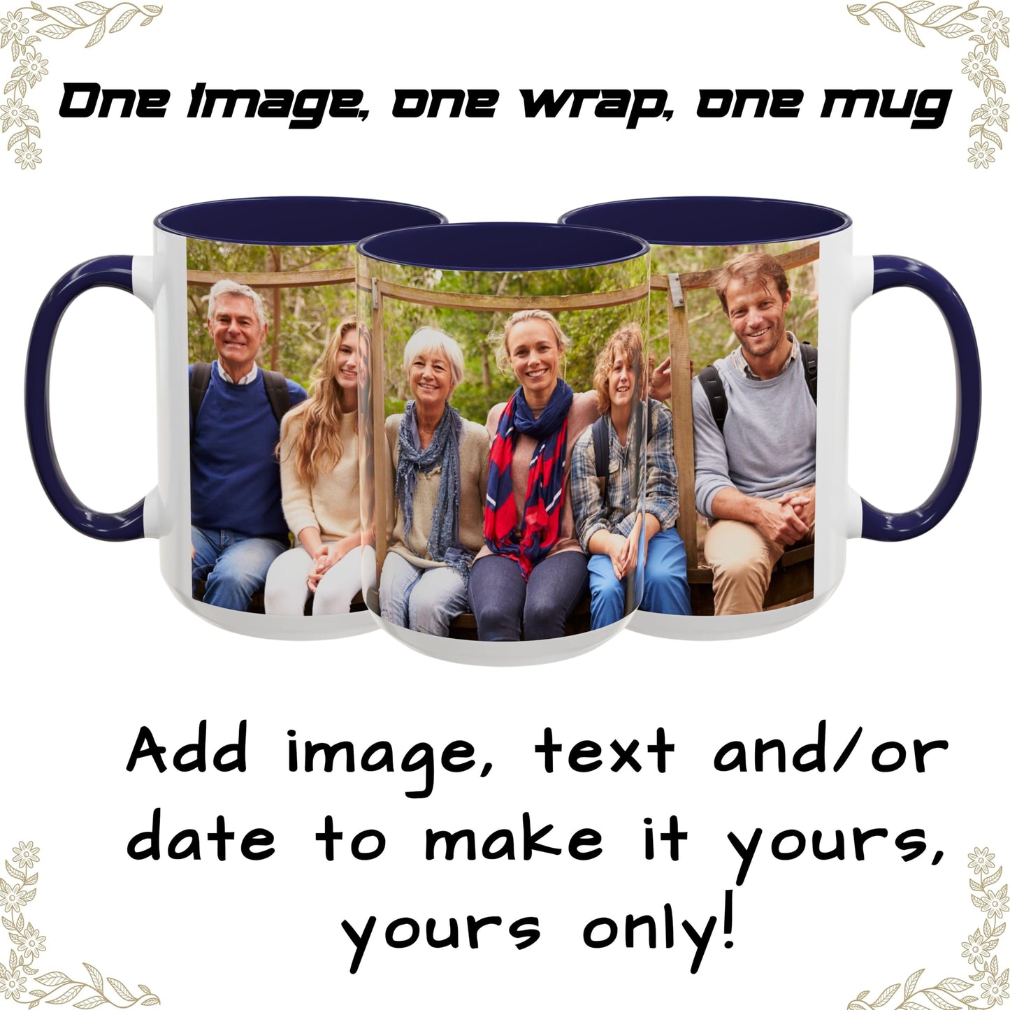 Custom Mug White/Navy 15oz, Personalized Gift with Photo, Text or Logo, Wrap Around Design